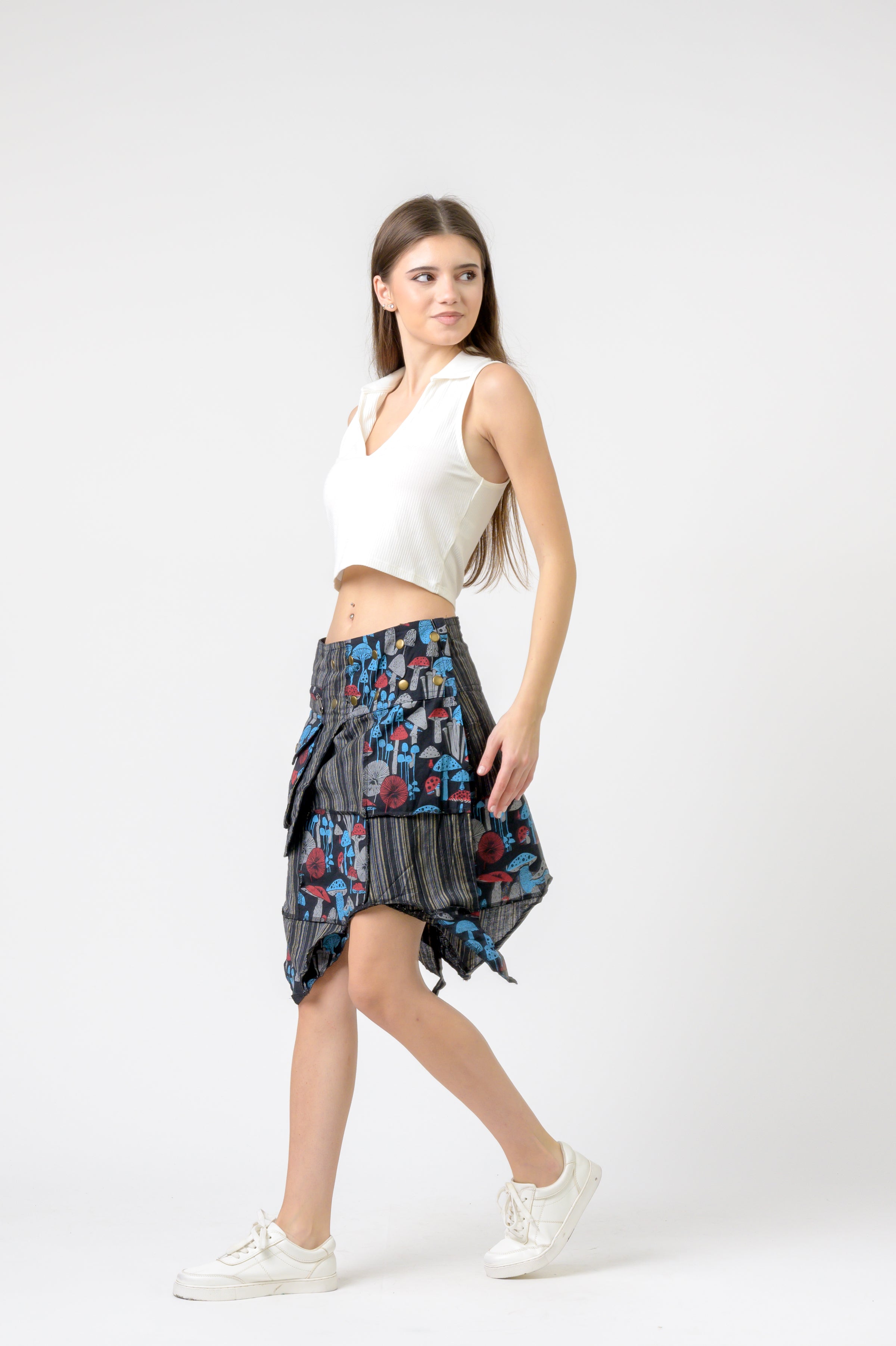 Stripe and Mushroom Patch Skirt - Black