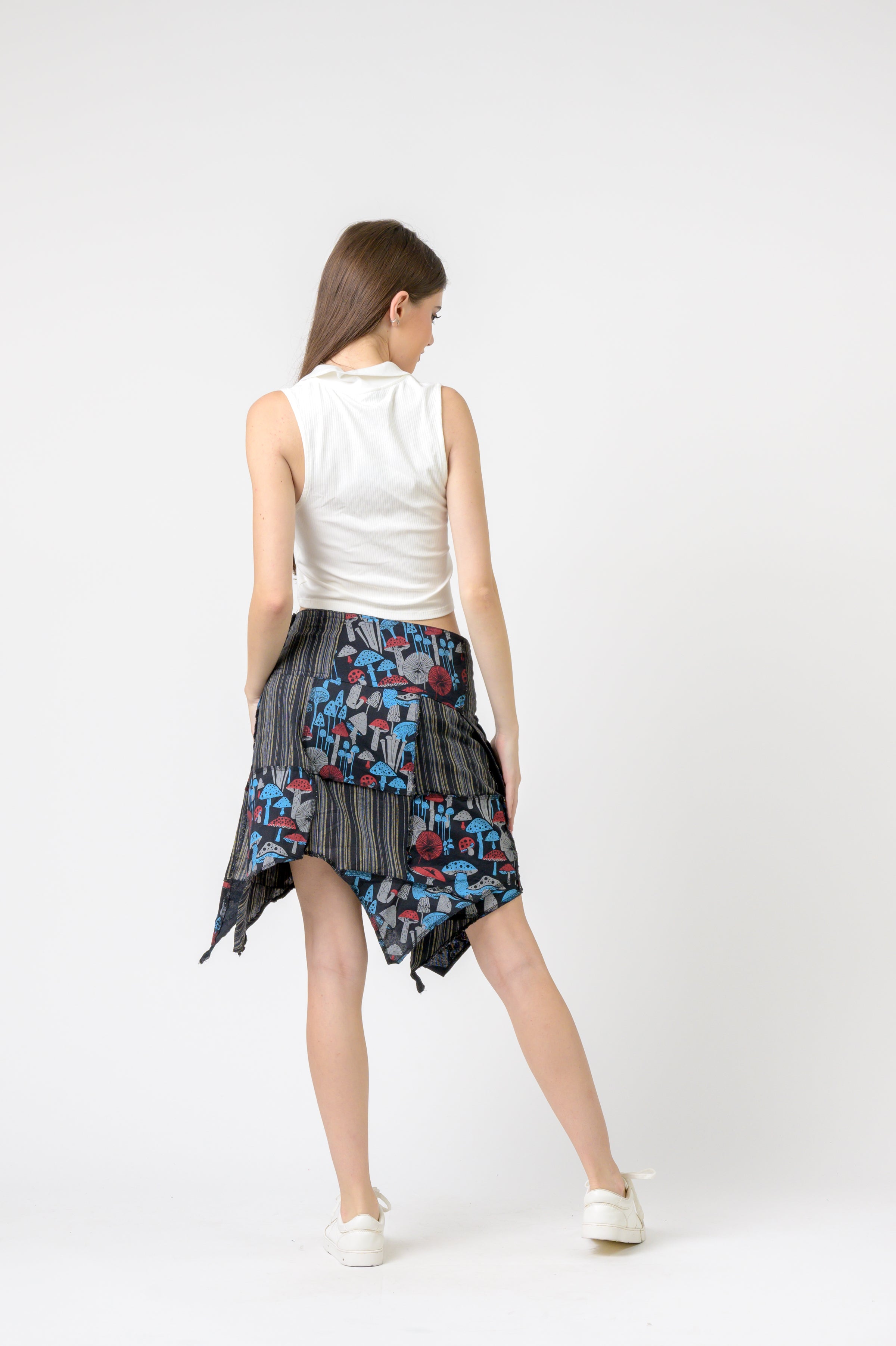 Stripe and Mushroom Patch Skirt - Black