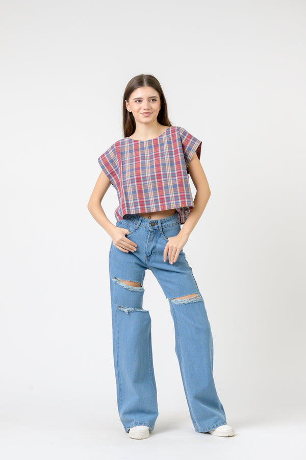 Pink Blue Checked Vigo Top - Blue/Pink