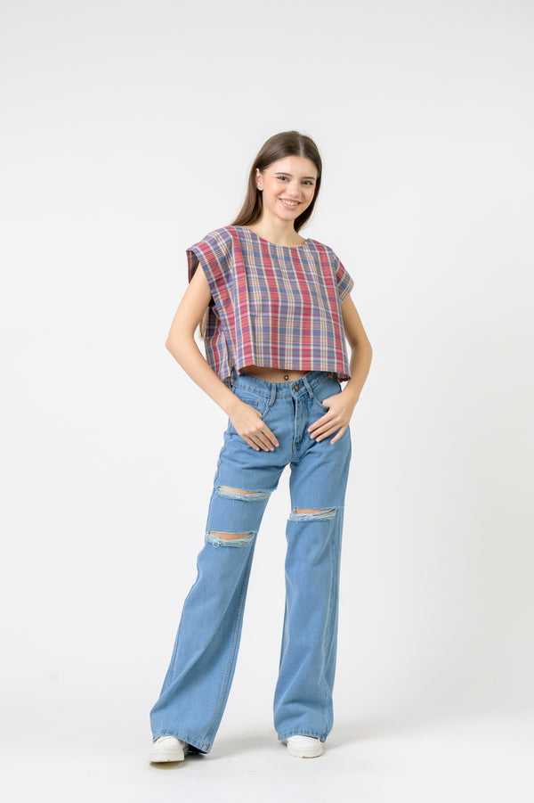 Pink Blue Checked Vigo Top