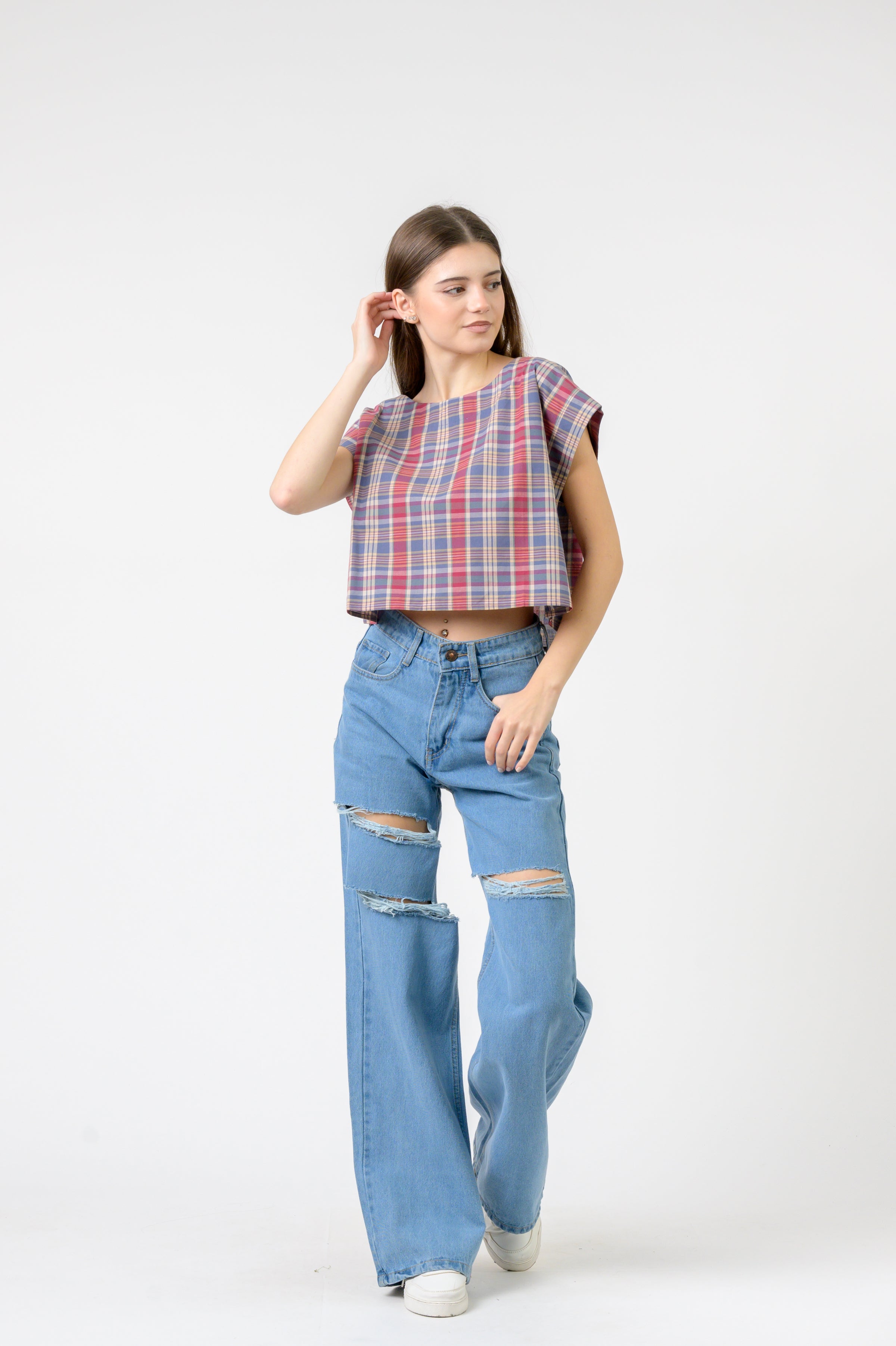 Pink Blue Checked Vigo Top