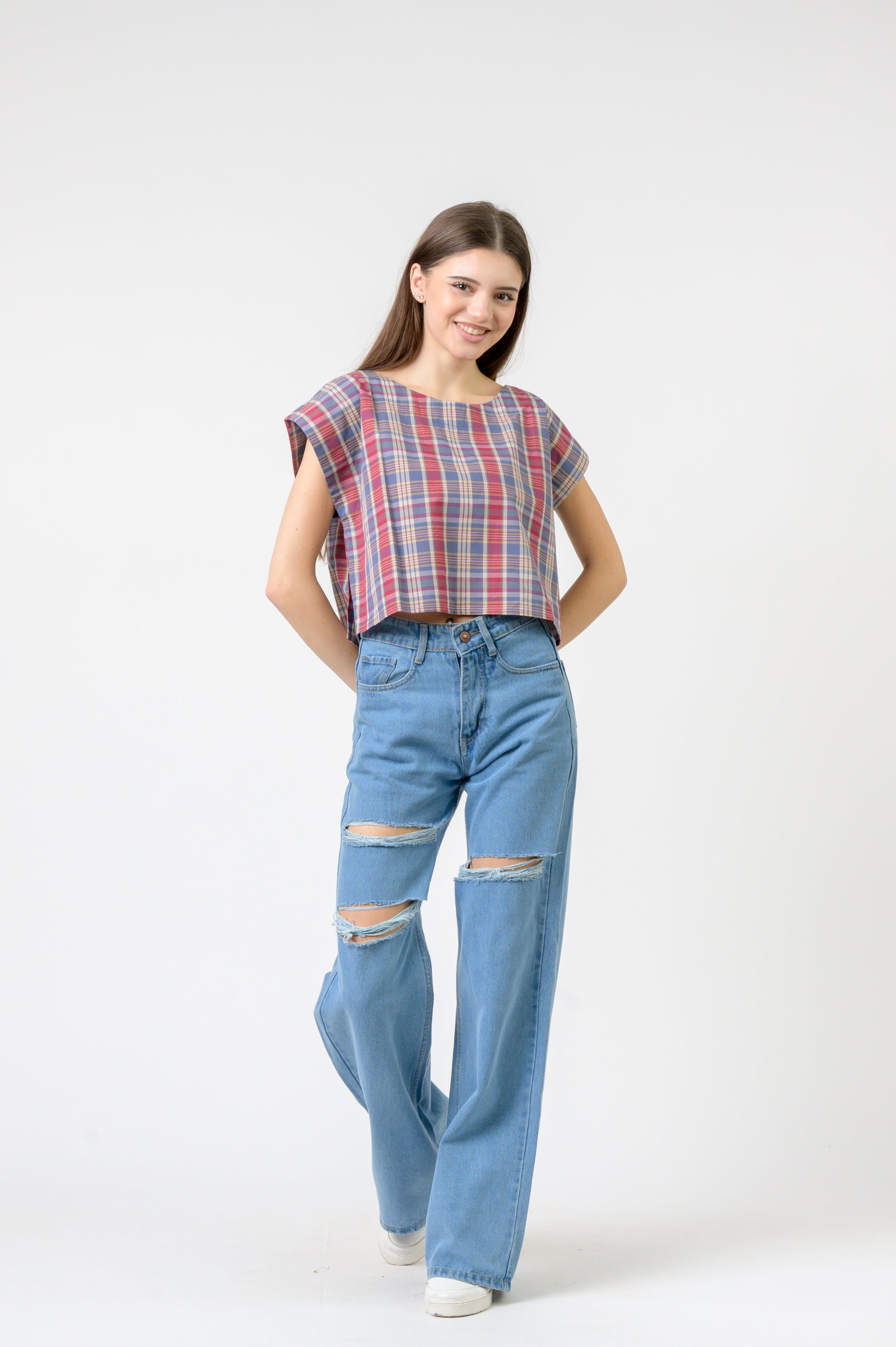 Pink Blue Checked Vigo Top
