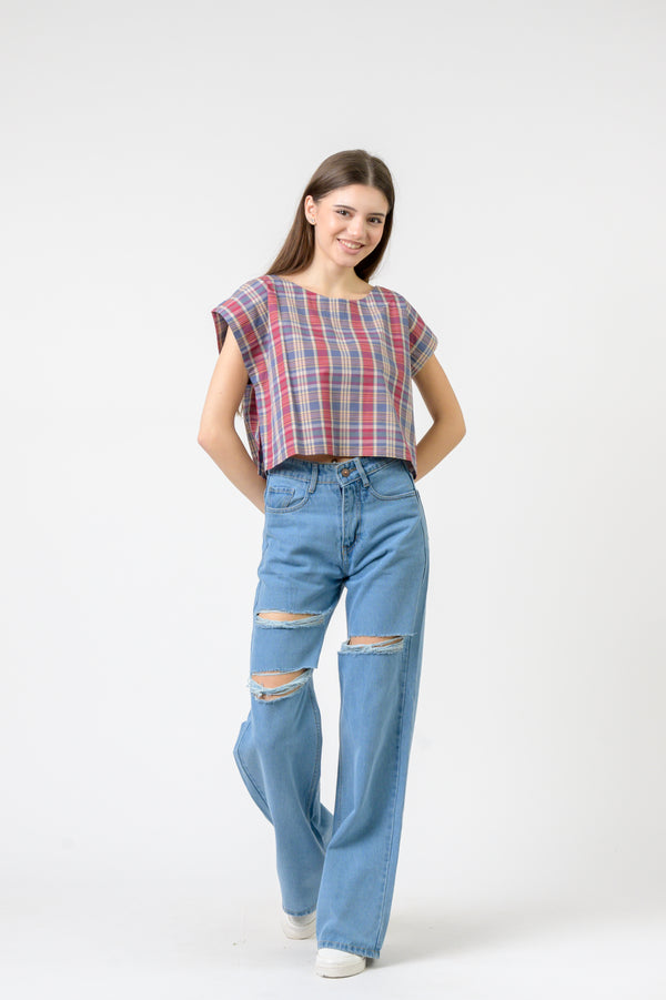 Pink Blue Checked Vigo Top - Blue/Pink