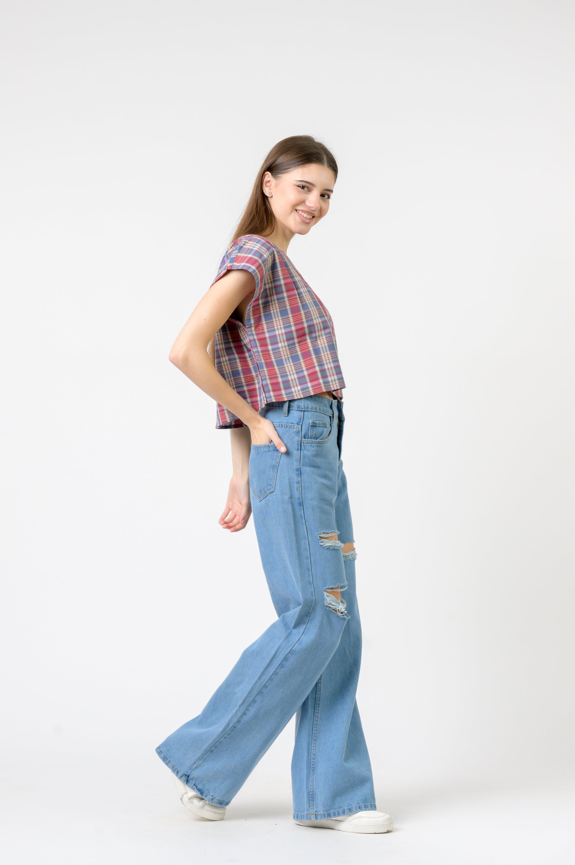 Pink Blue Checked Vigo Top