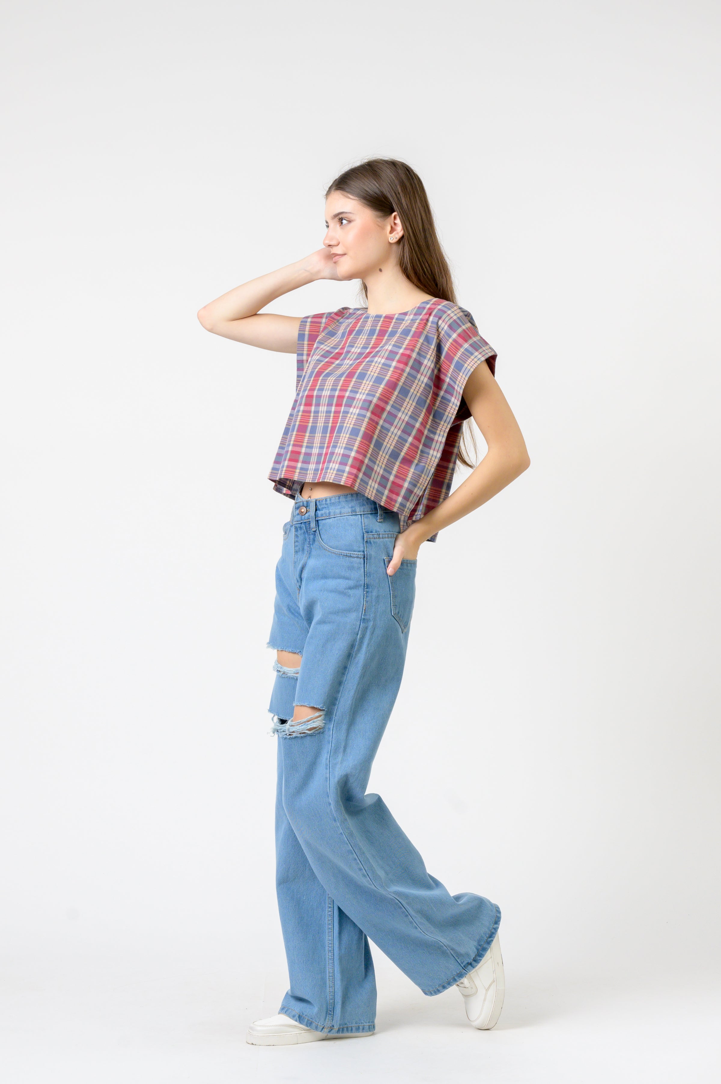 Pink Blue Checked Vigo Top