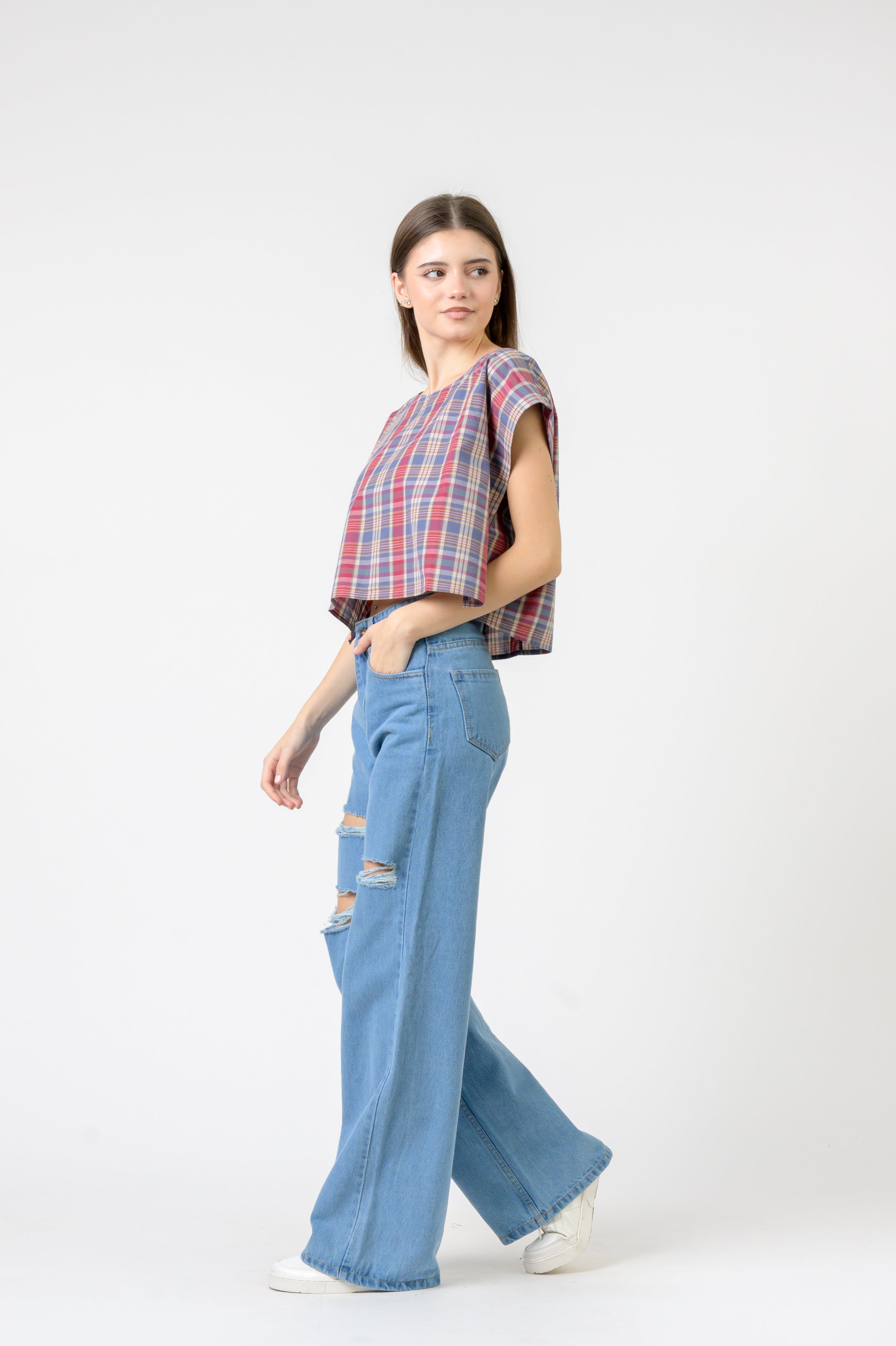 Pink Blue Checked Vigo Top