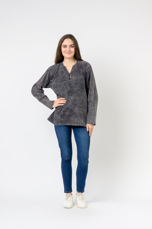 Button V-Neck Shirt - Black