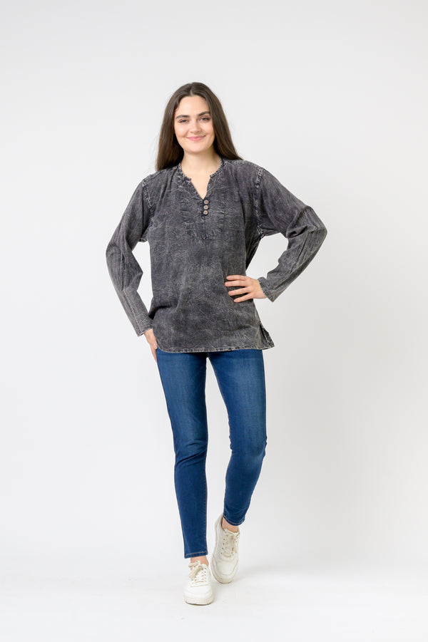 Button V-Neck Shirt - Black