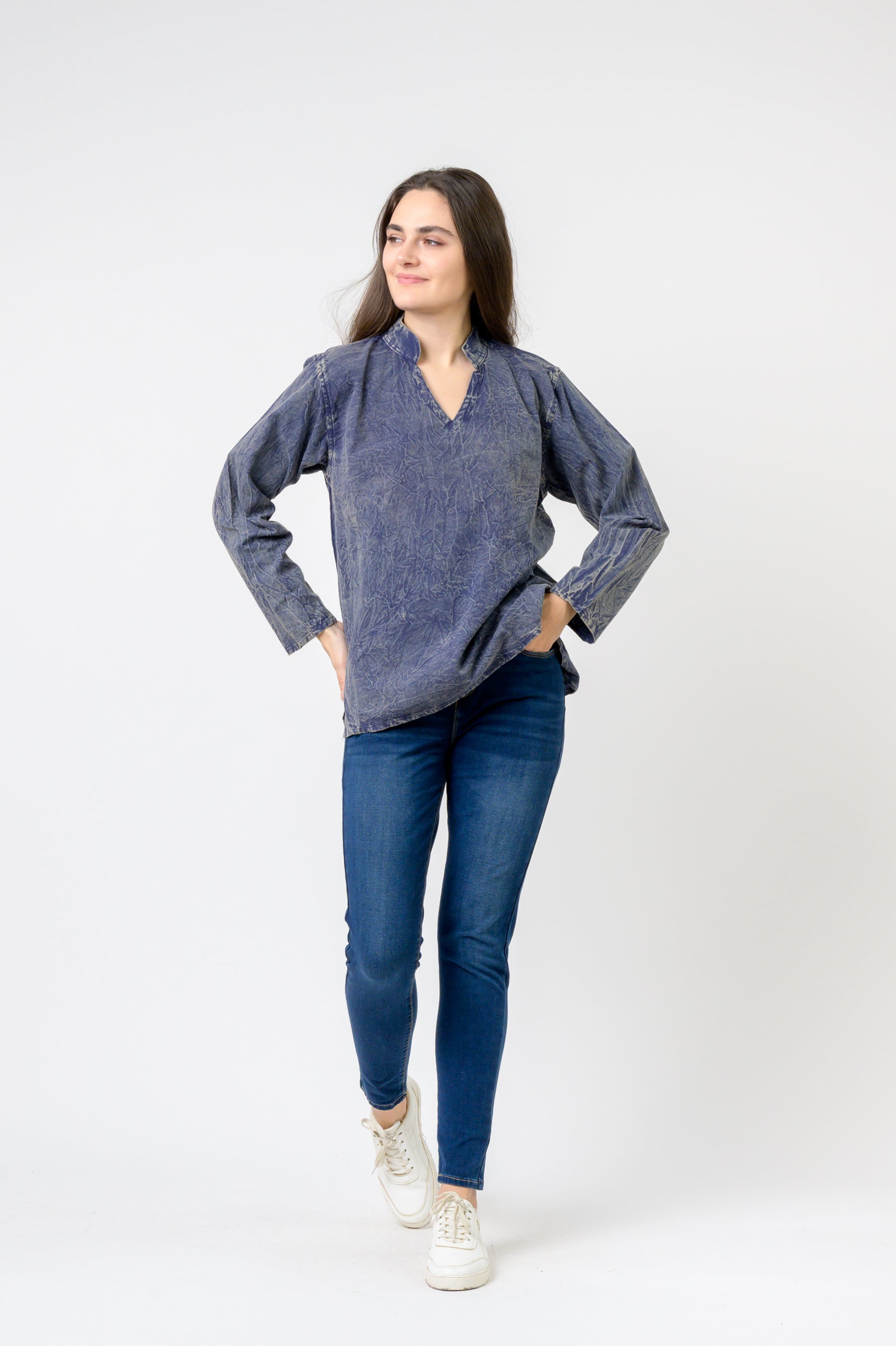 Button V-Neck Shirt - Blue