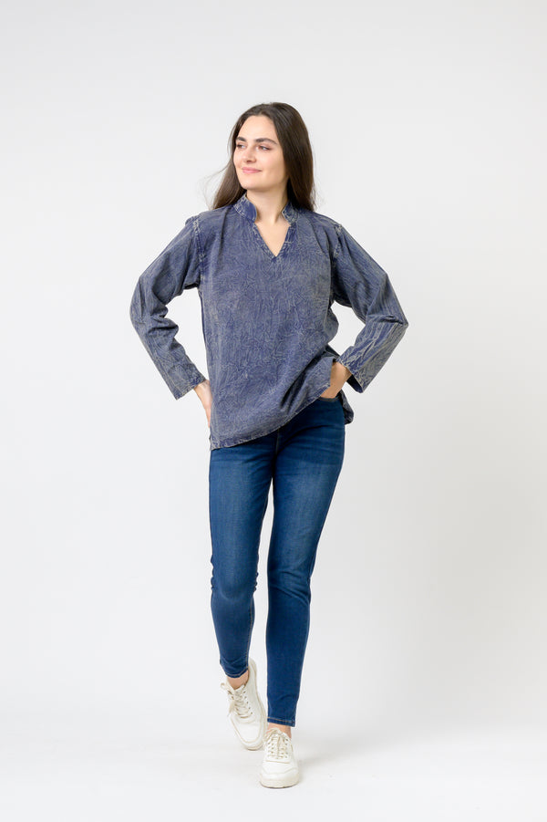 Button V-Neck Shirt - Blue