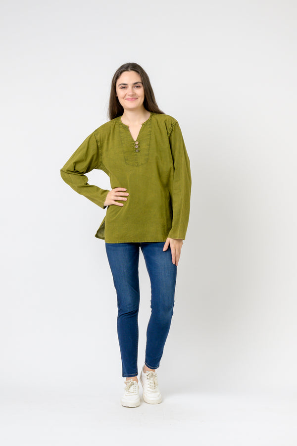 Button V-Neck Shirt - Green