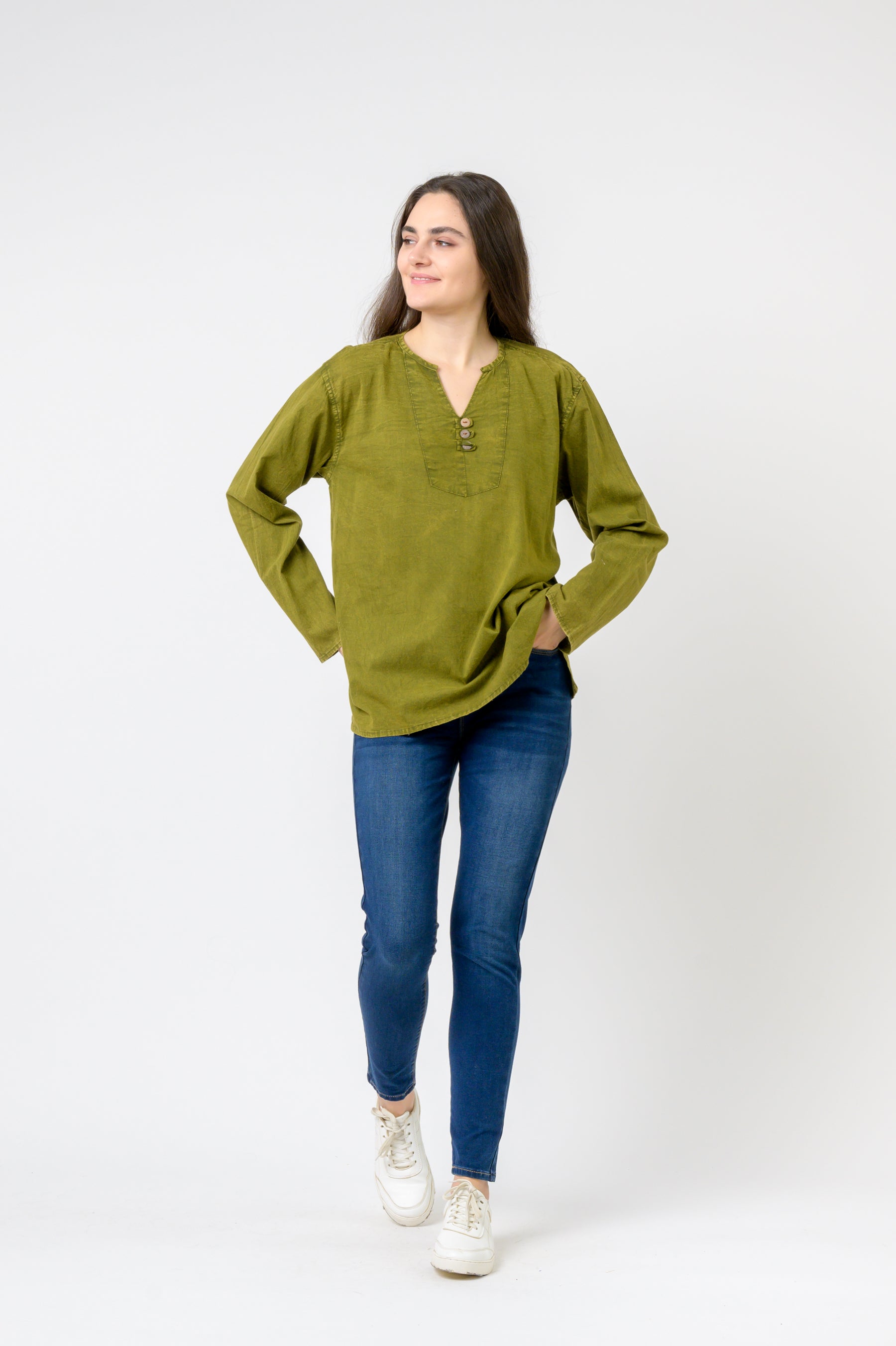 Button V-Neck Shirt - Green