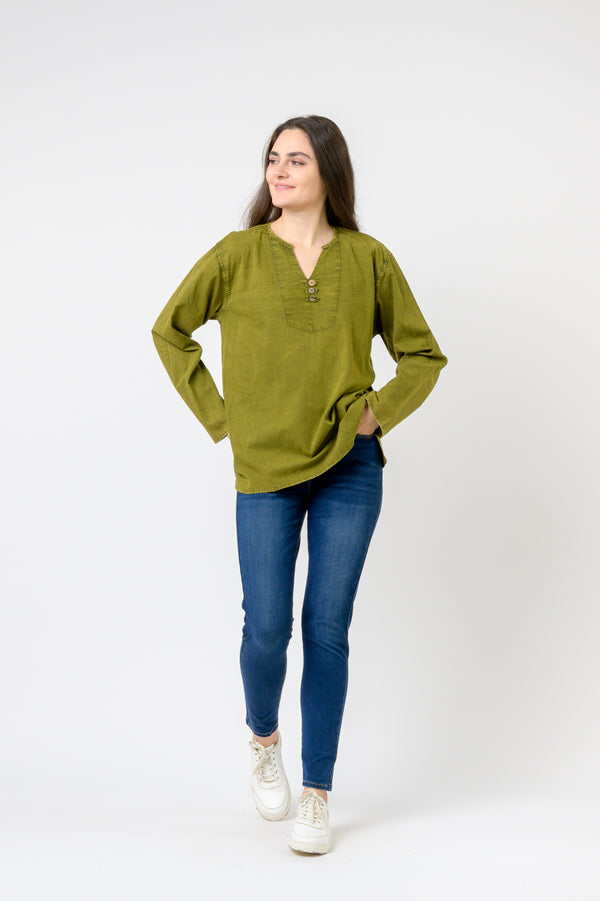 Button V-Neck Shirt - Green
