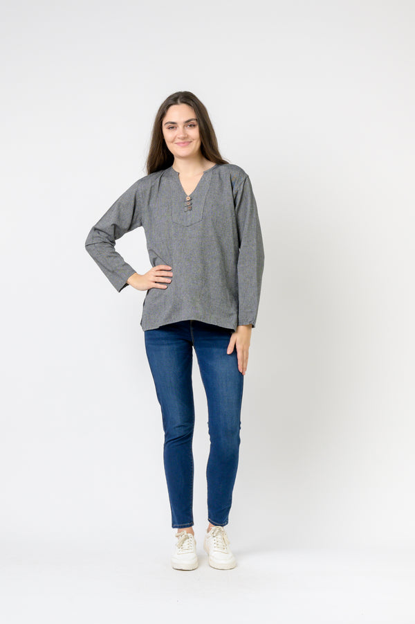 Button V-Neck Shirt - Grey