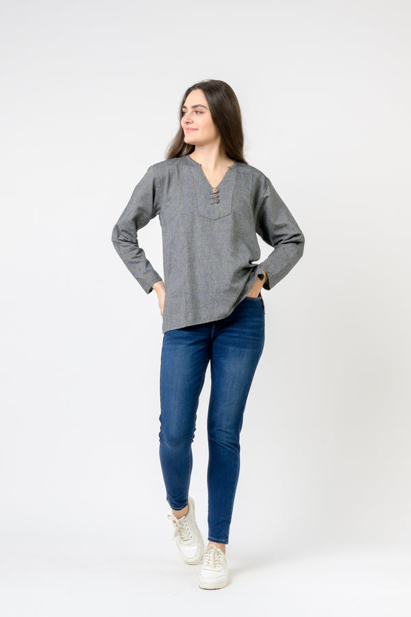 Button V-Neck Shirt - Grey
