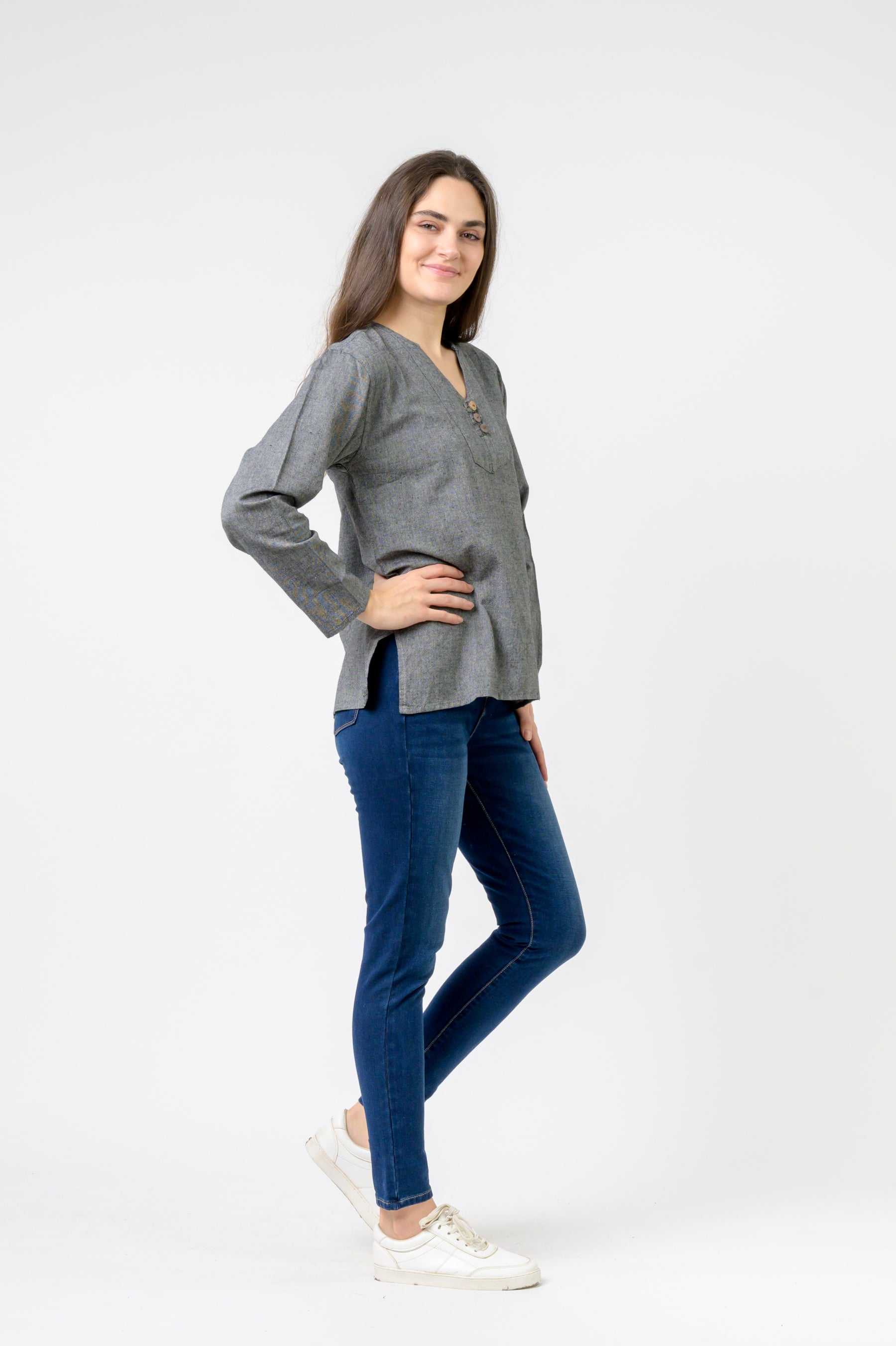 Button V-Neck Shirt - Blue