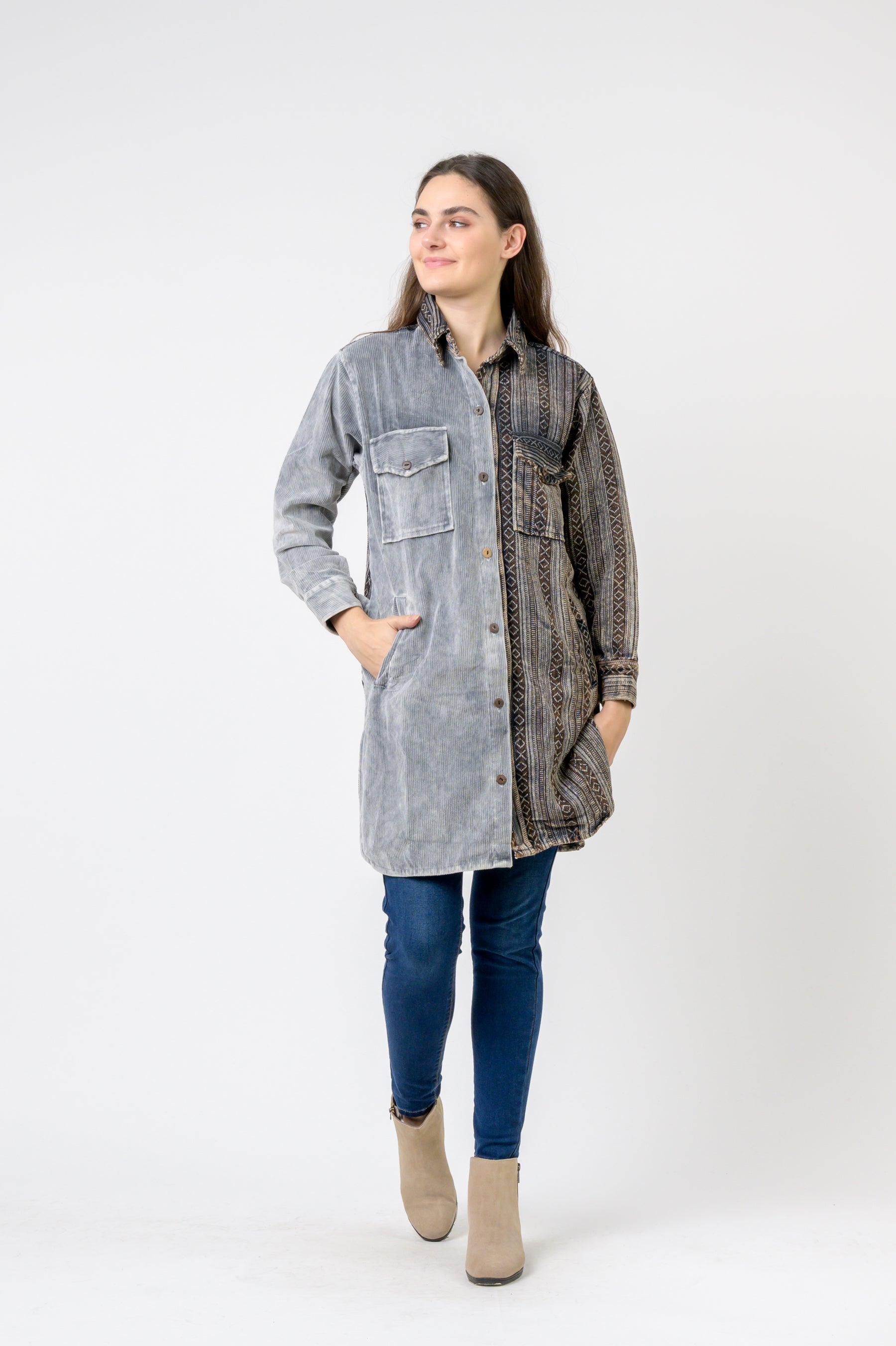 Dual-Texture Long Shirt - Grey
