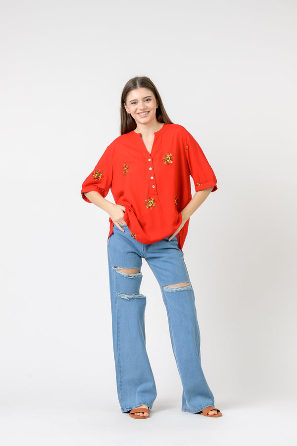 Embroidered Boa Top - Red