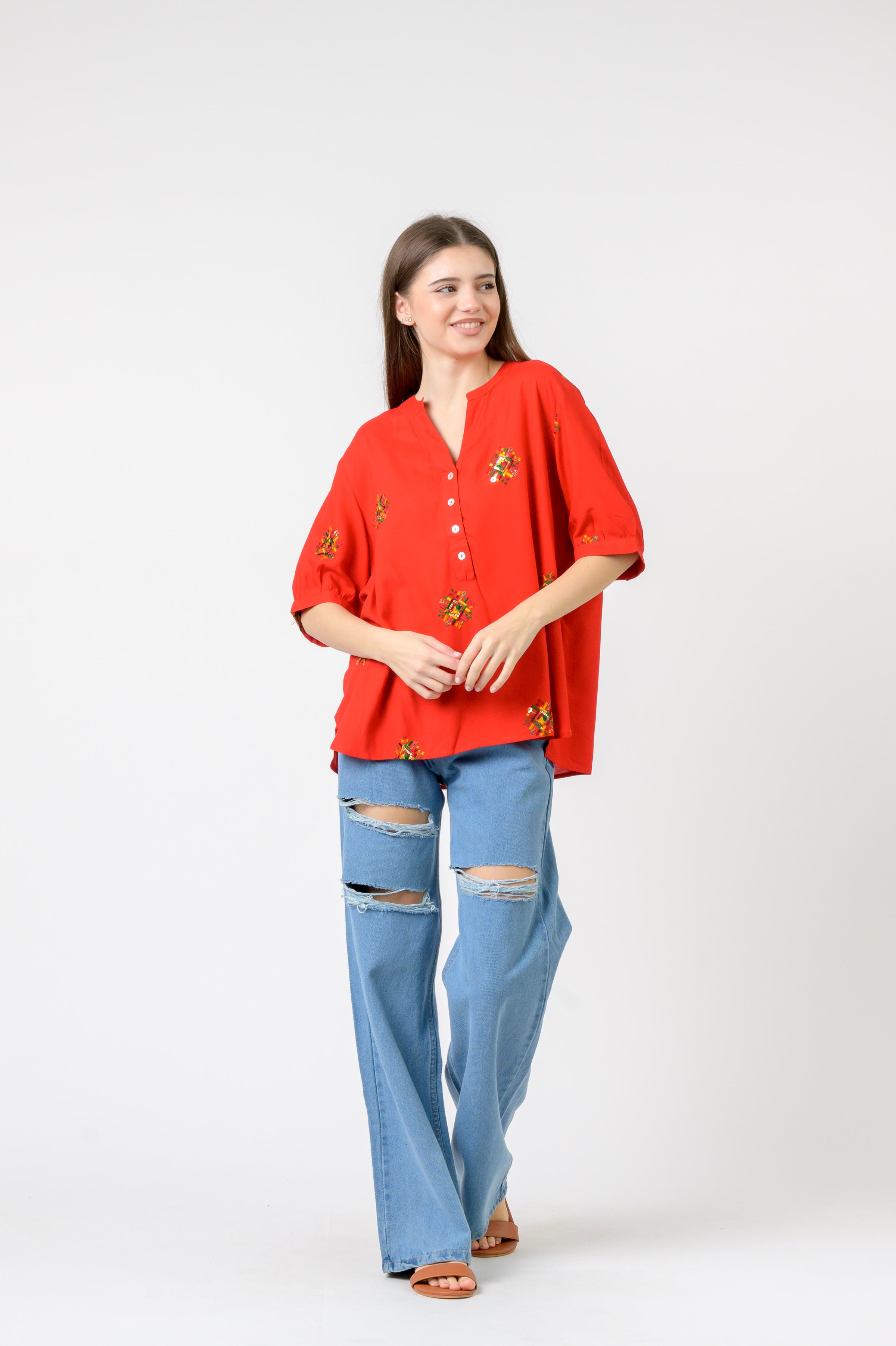 Embroidered Boa Top - Red