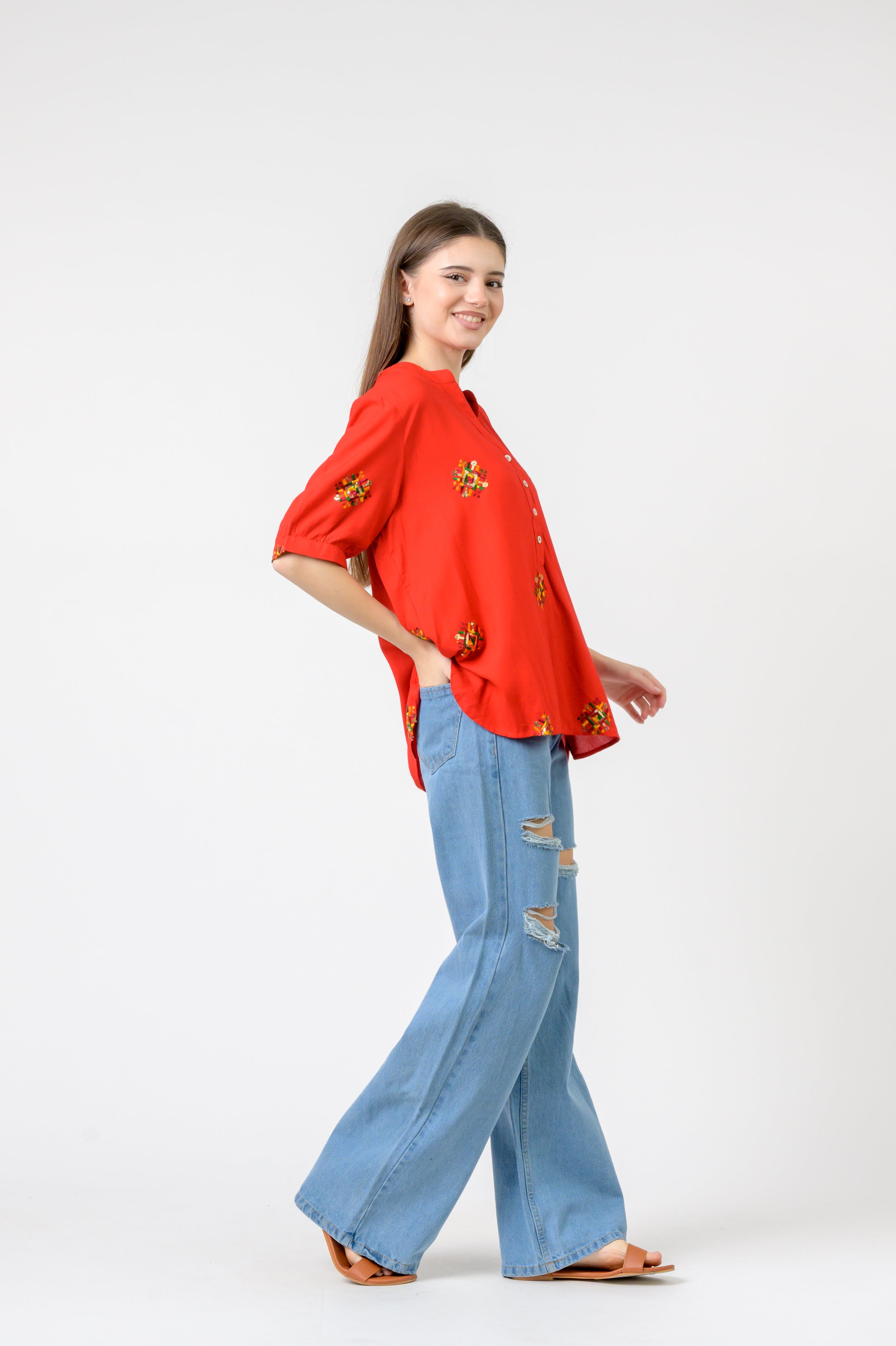 Embroidered Boa Top - Red