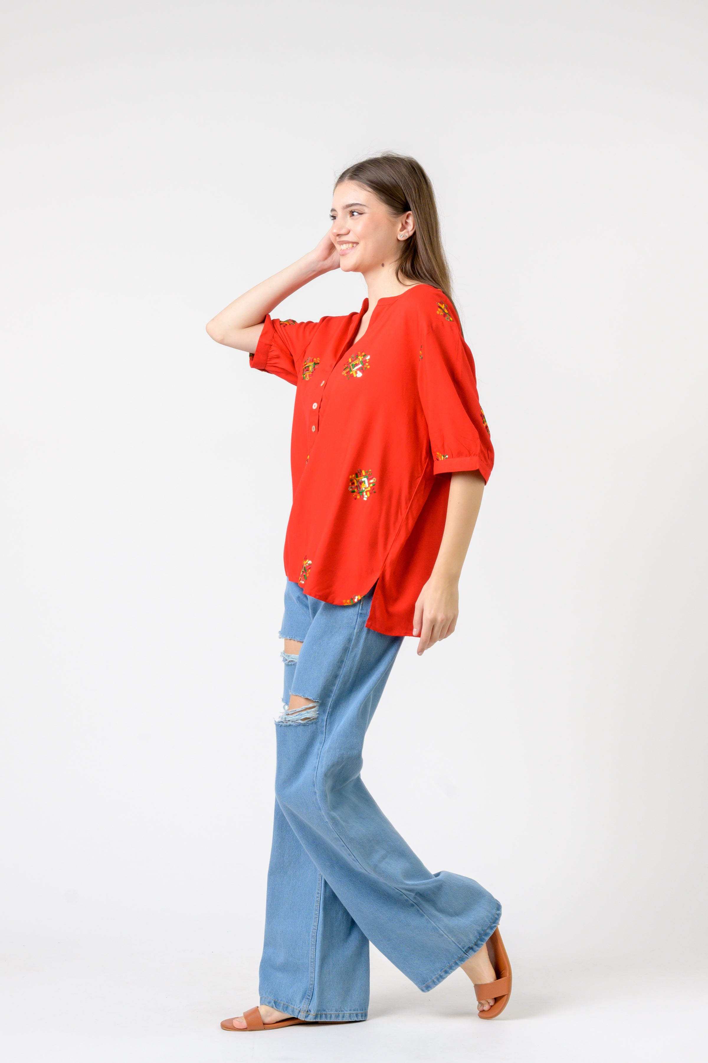 Embroidered Boa Top - Red