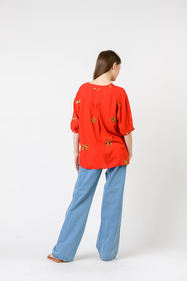 Embroidered Boa Top - Red