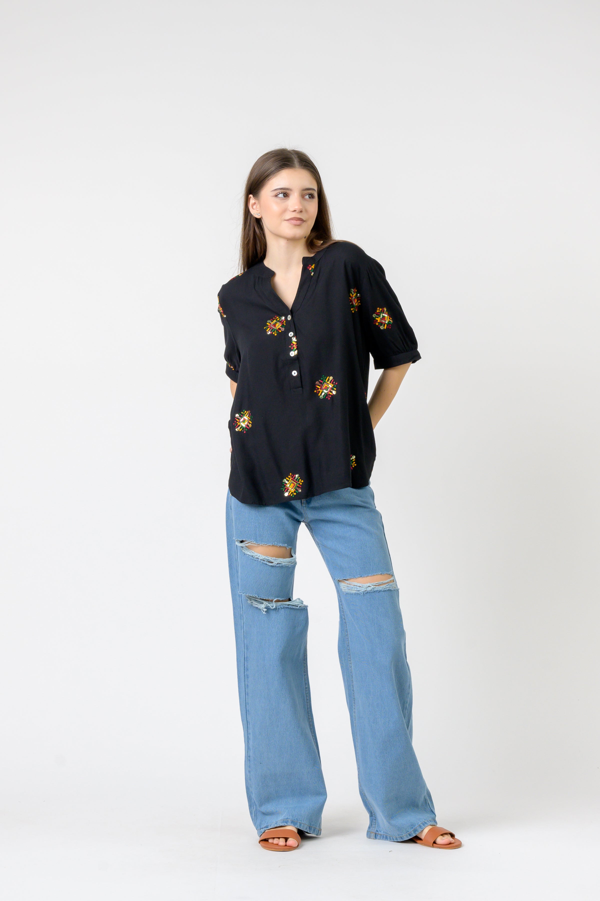 Embroidered Boa Top - Black