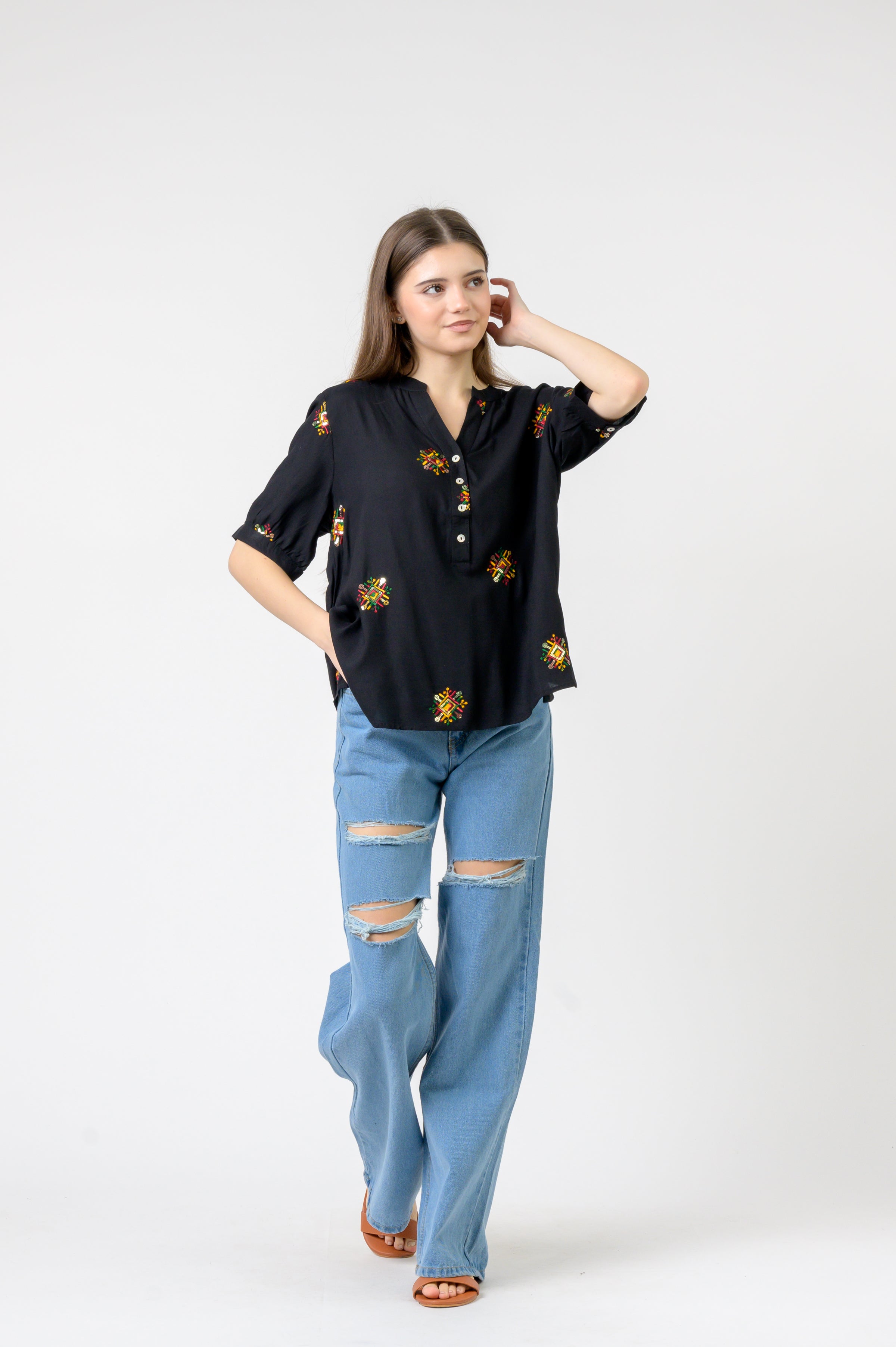 Embroidered Boa Top - Black