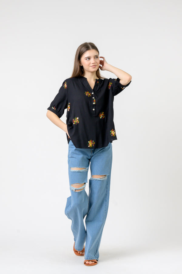 Embroidered Boa Top - Black