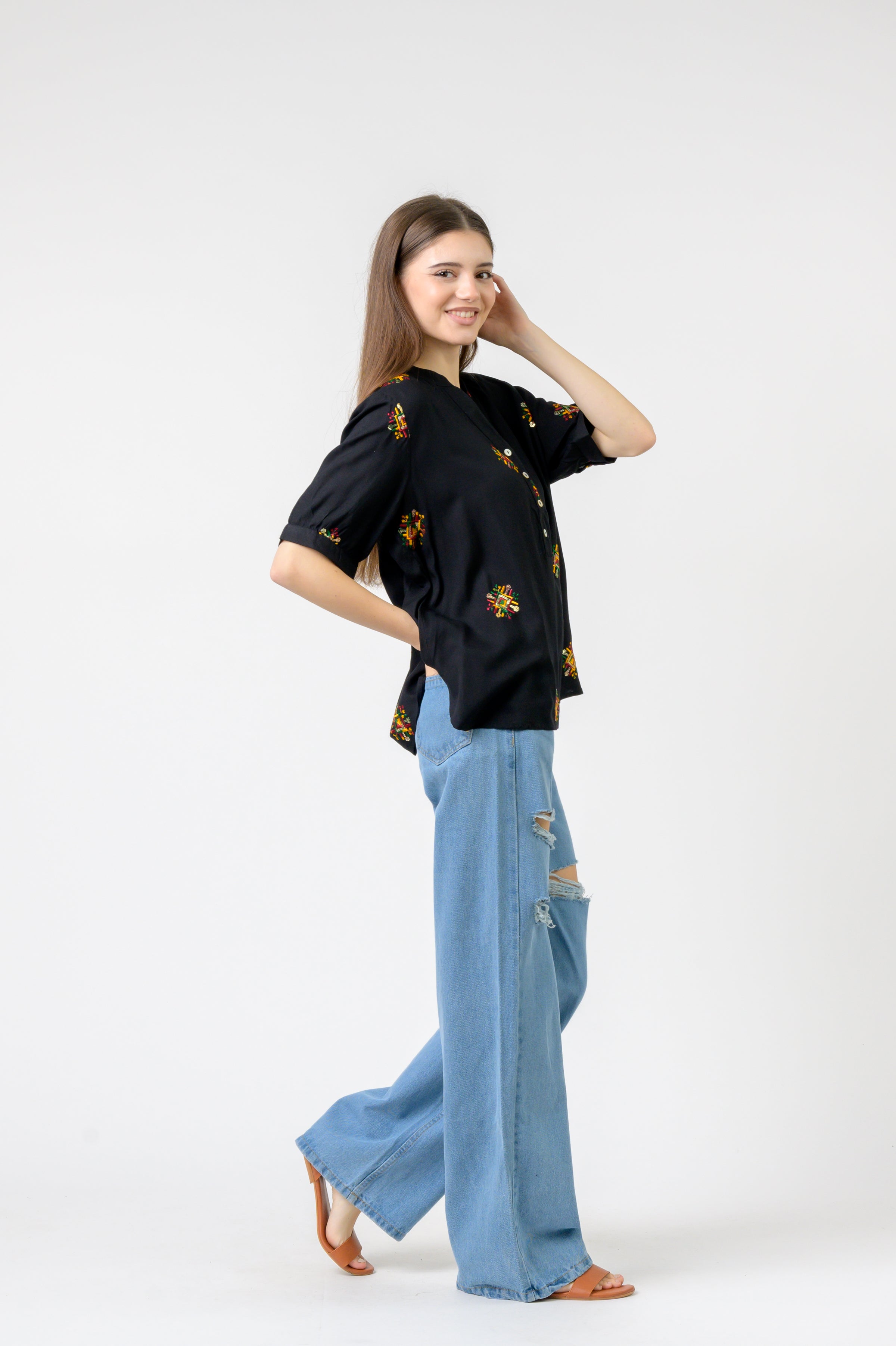 Embroidered Boa Top - Black