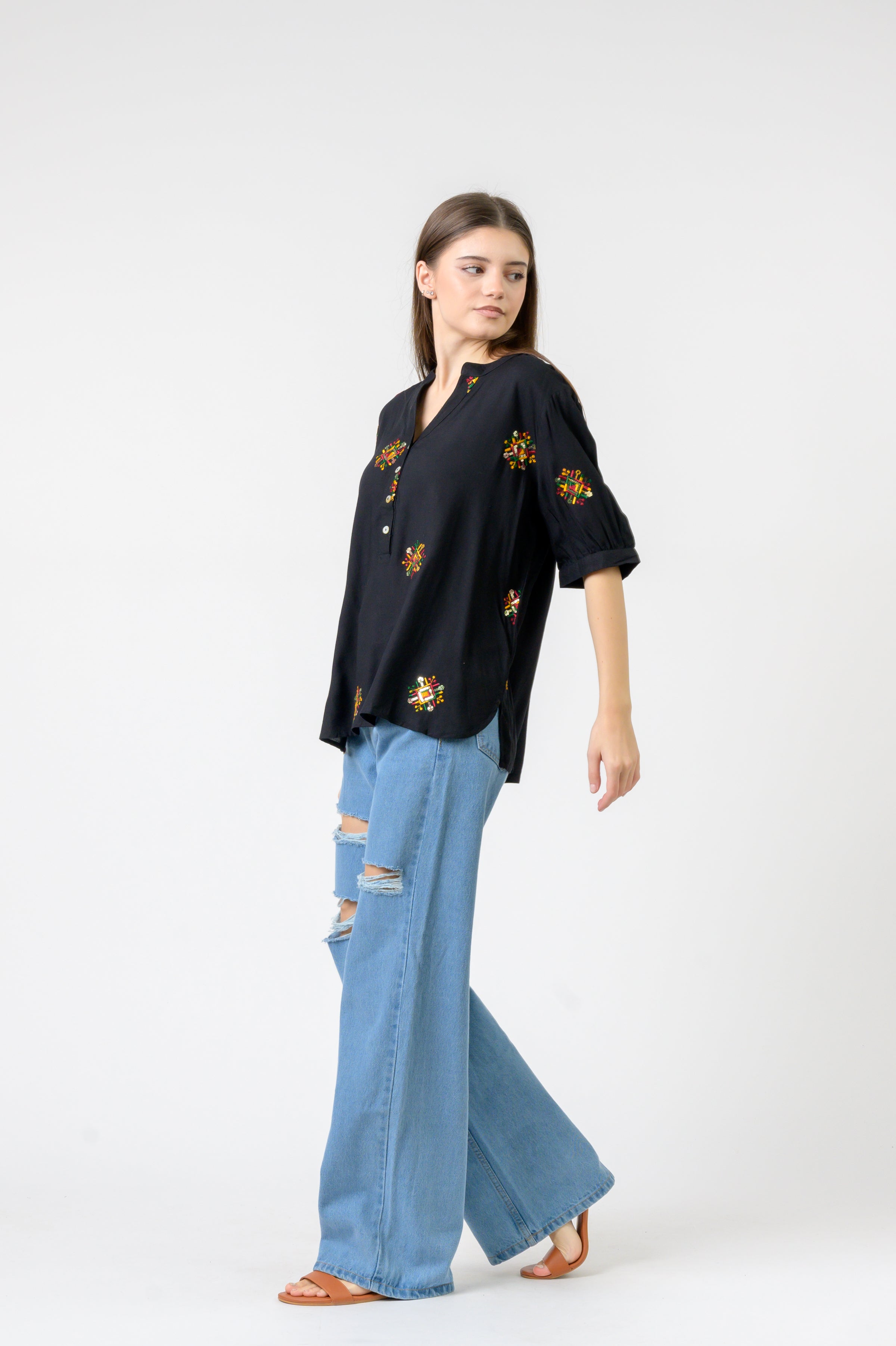 Embroidered Boa Top - Black