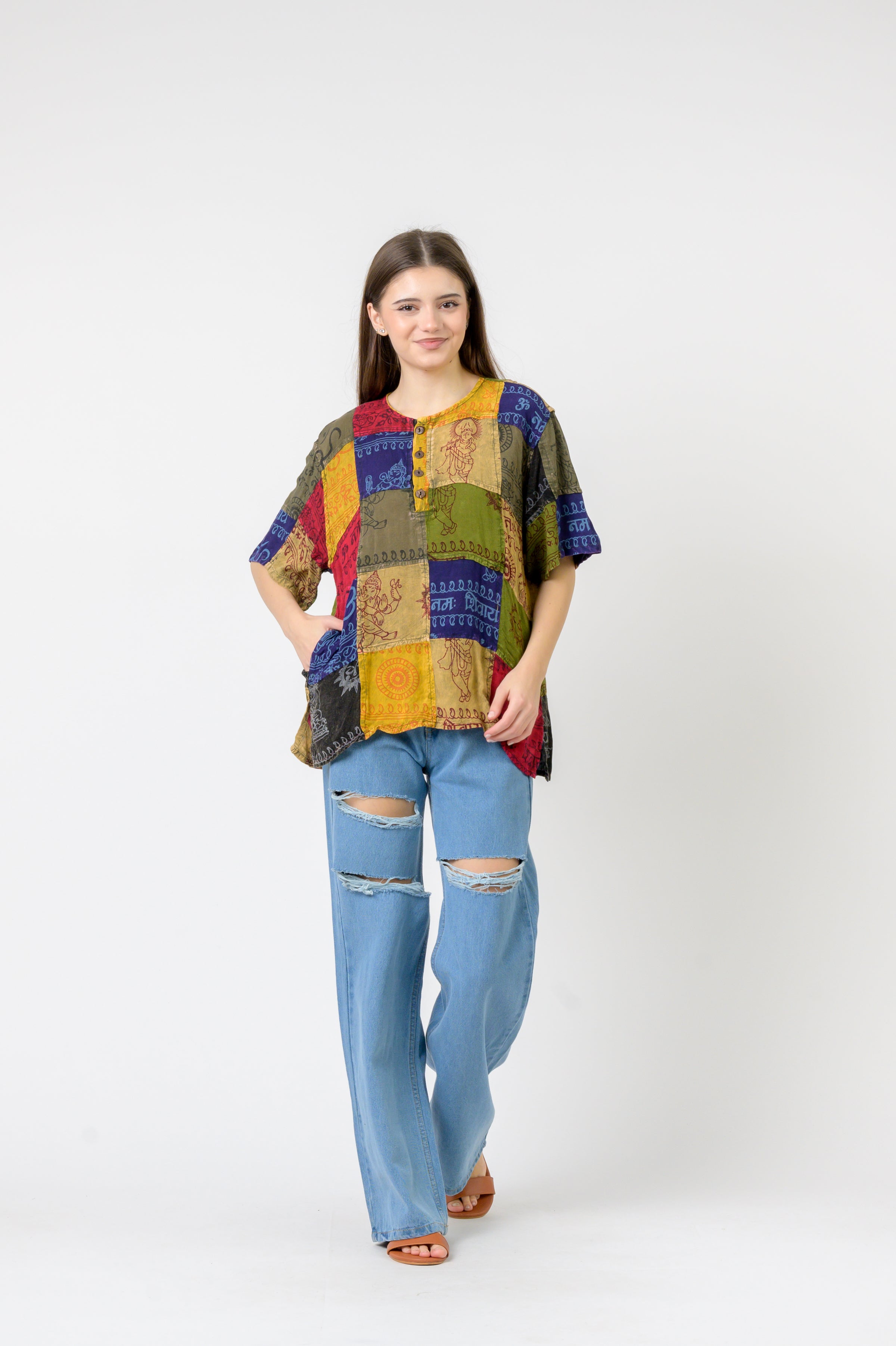 Om Print Pied Patch Short Sleeve Top