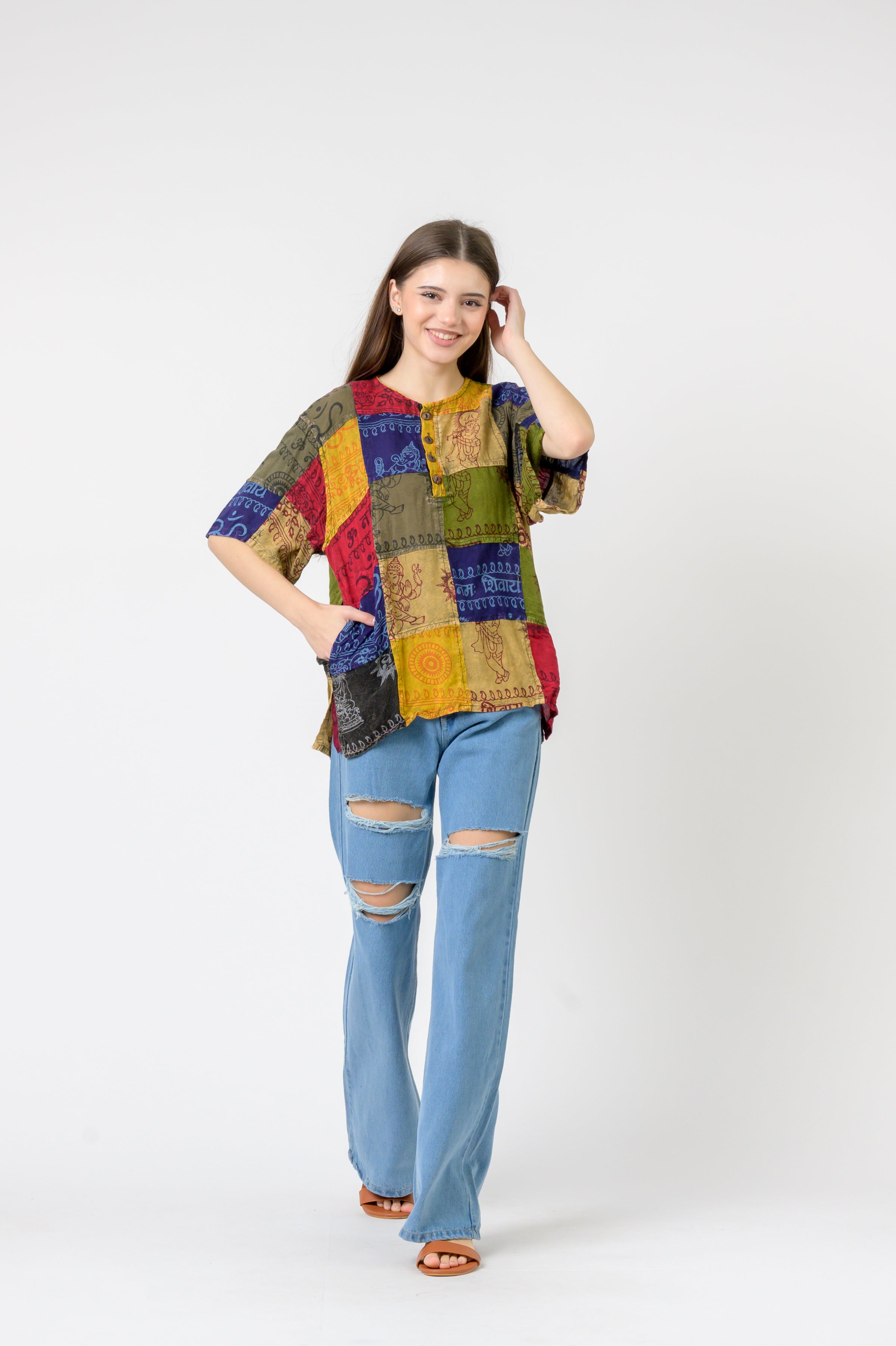 Om Print Pied Patch Short Sleeve Top