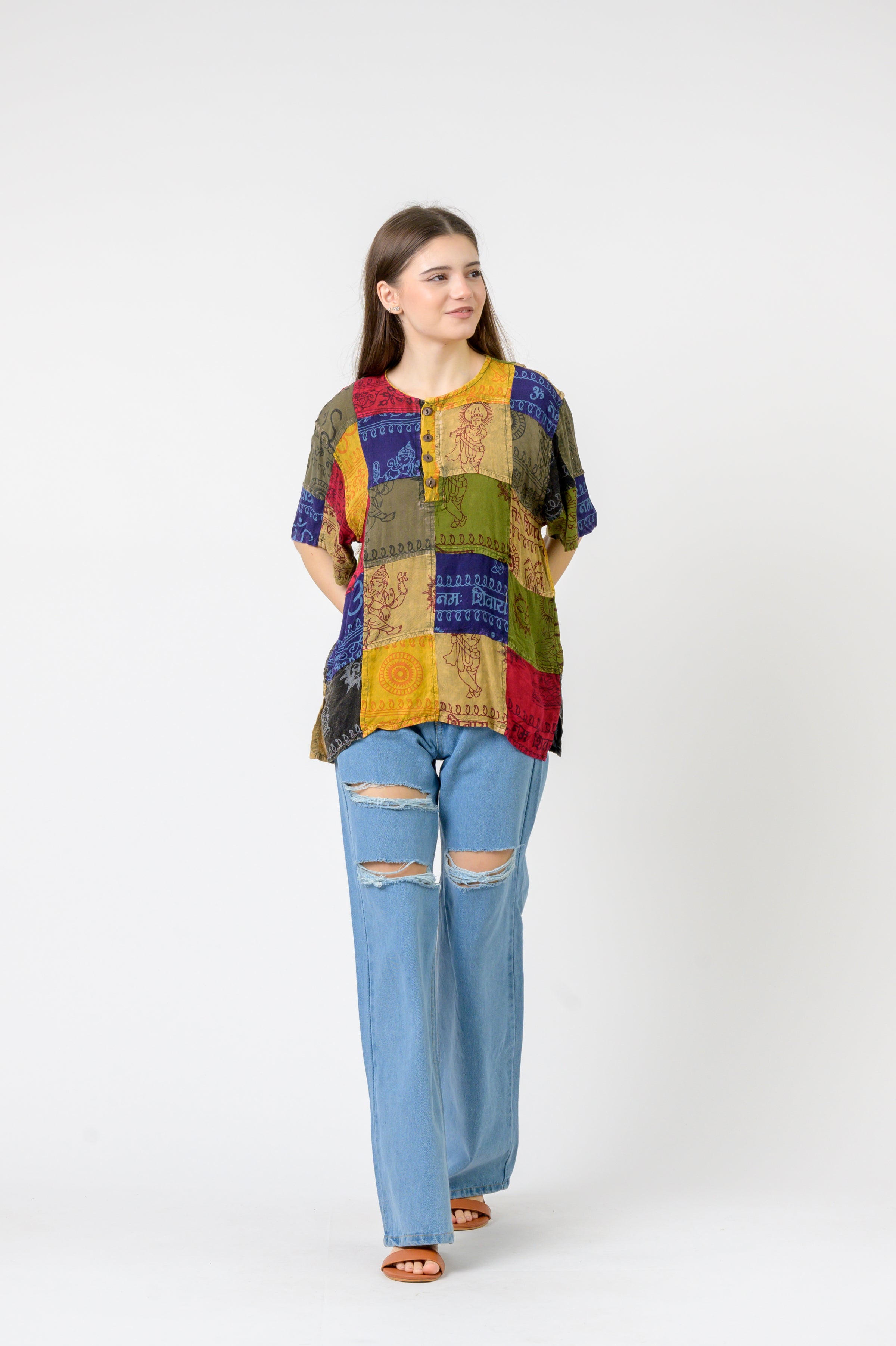 Om Print Pied Patch Short Sleeve Top