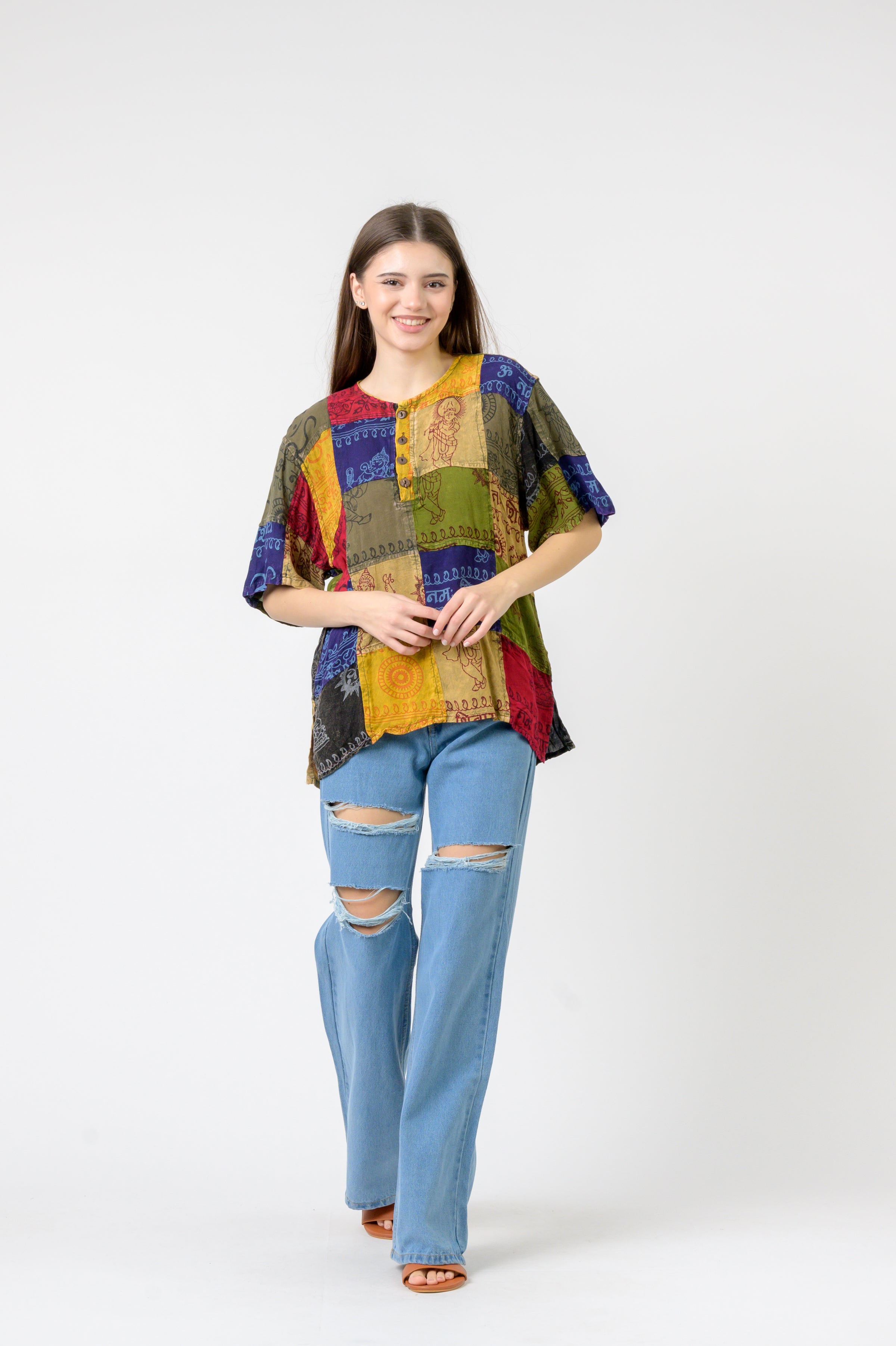 Om Print Pied Patch Short Sleeve Top