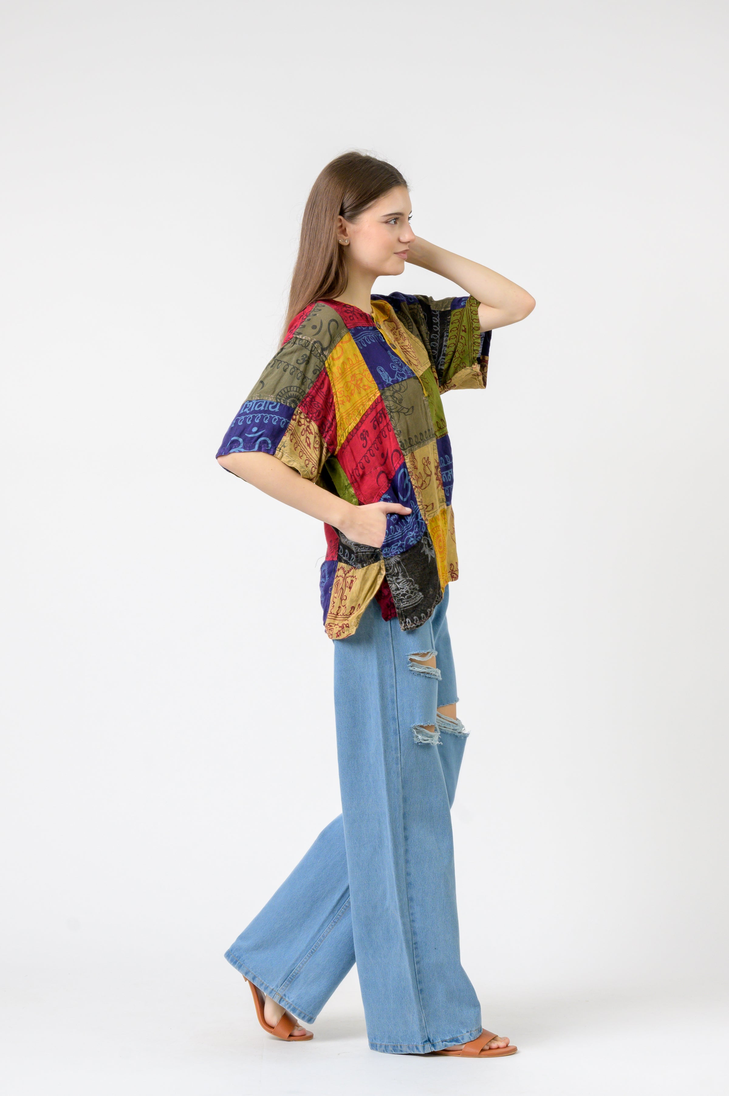 Om Print Pied Patch Short Sleeve Top