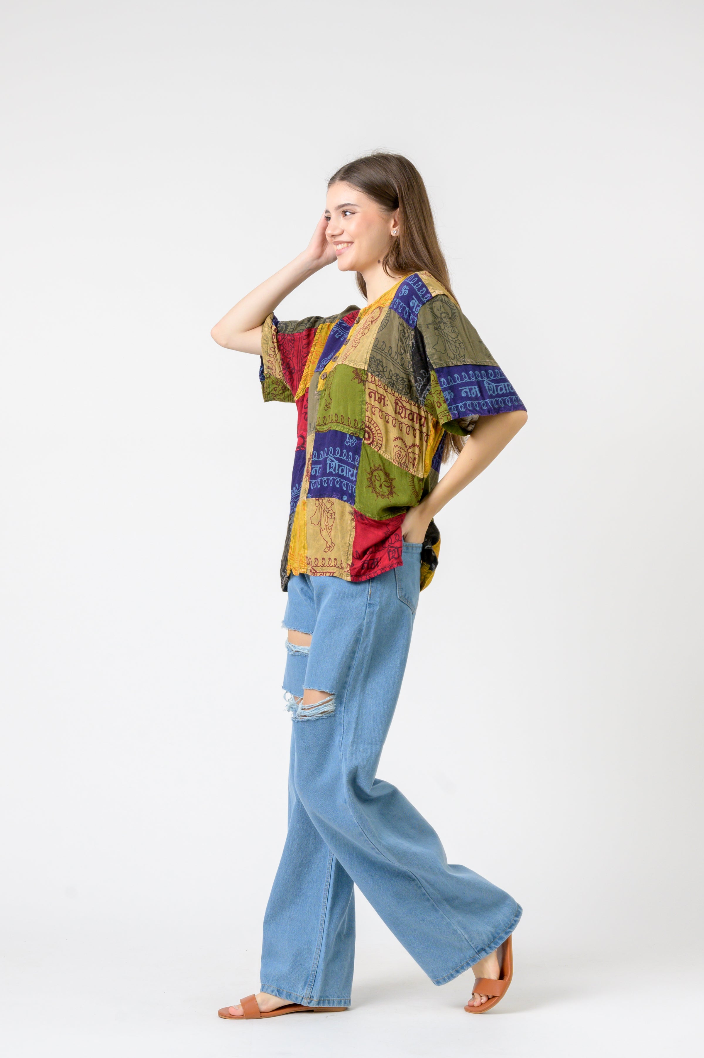 Om Print Pied Patch Short Sleeve Top