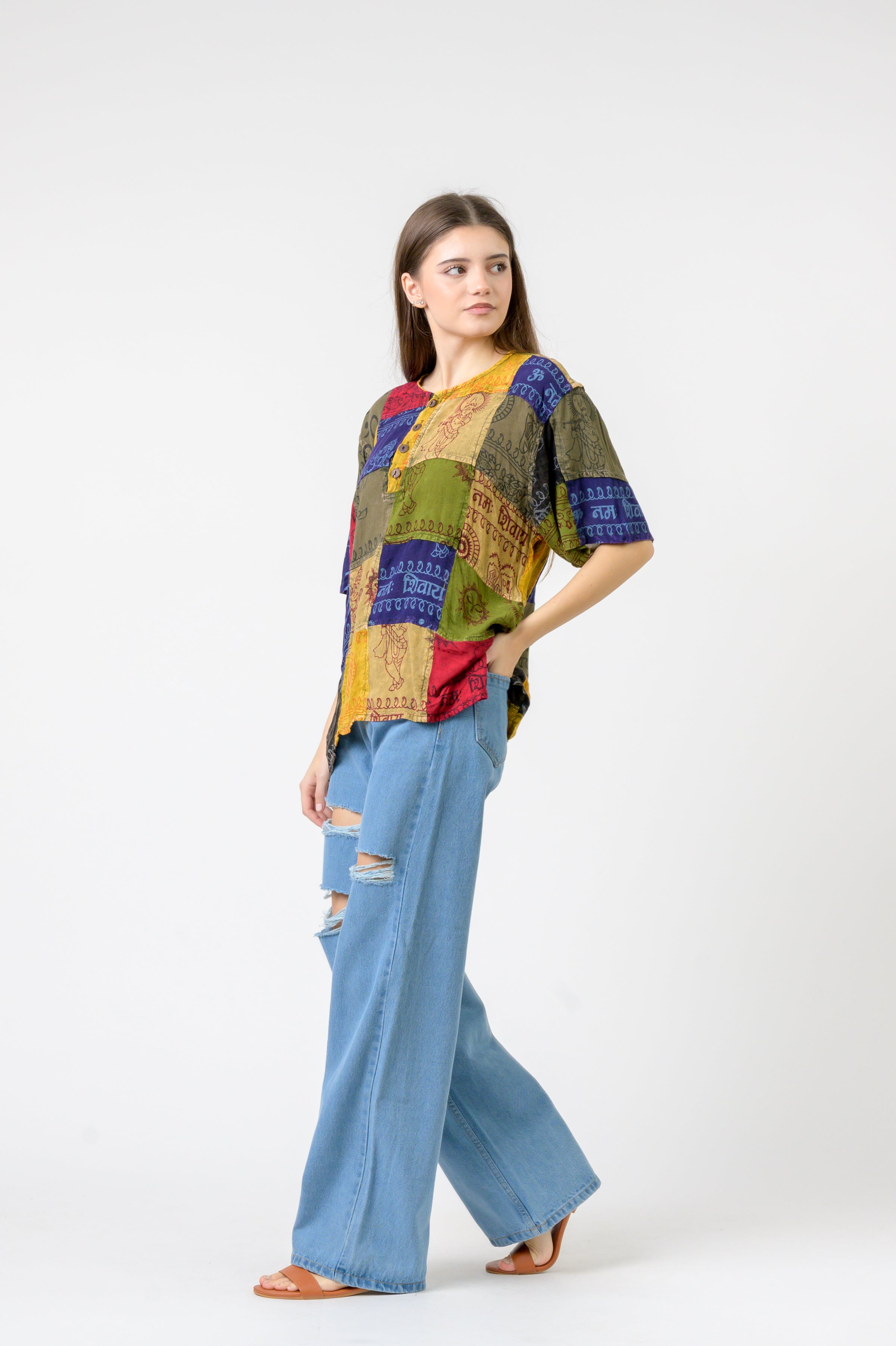 Om Print Pied Patch Short Sleeve Top