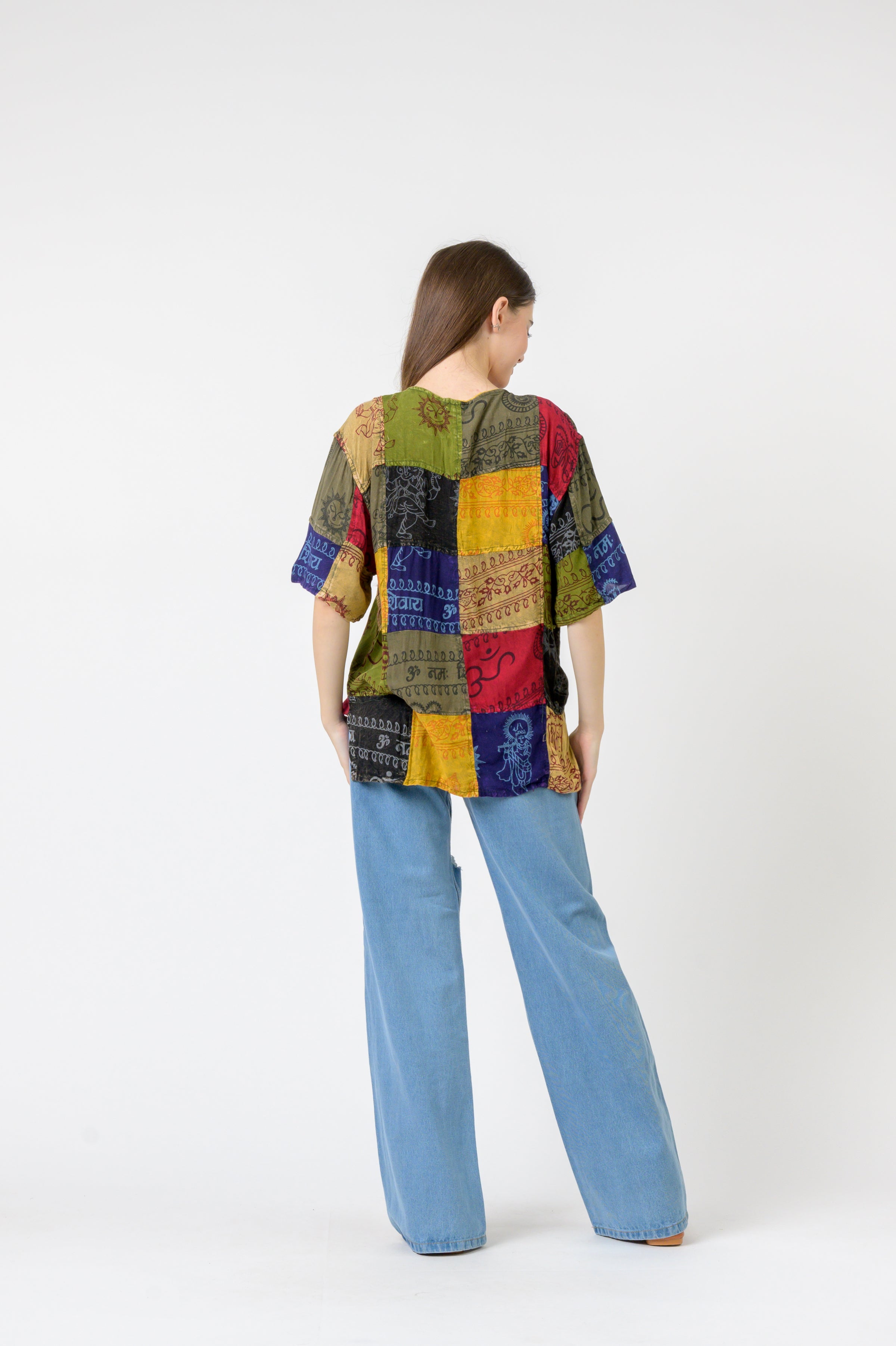 Om Print Pied Patch Short Sleeve Top