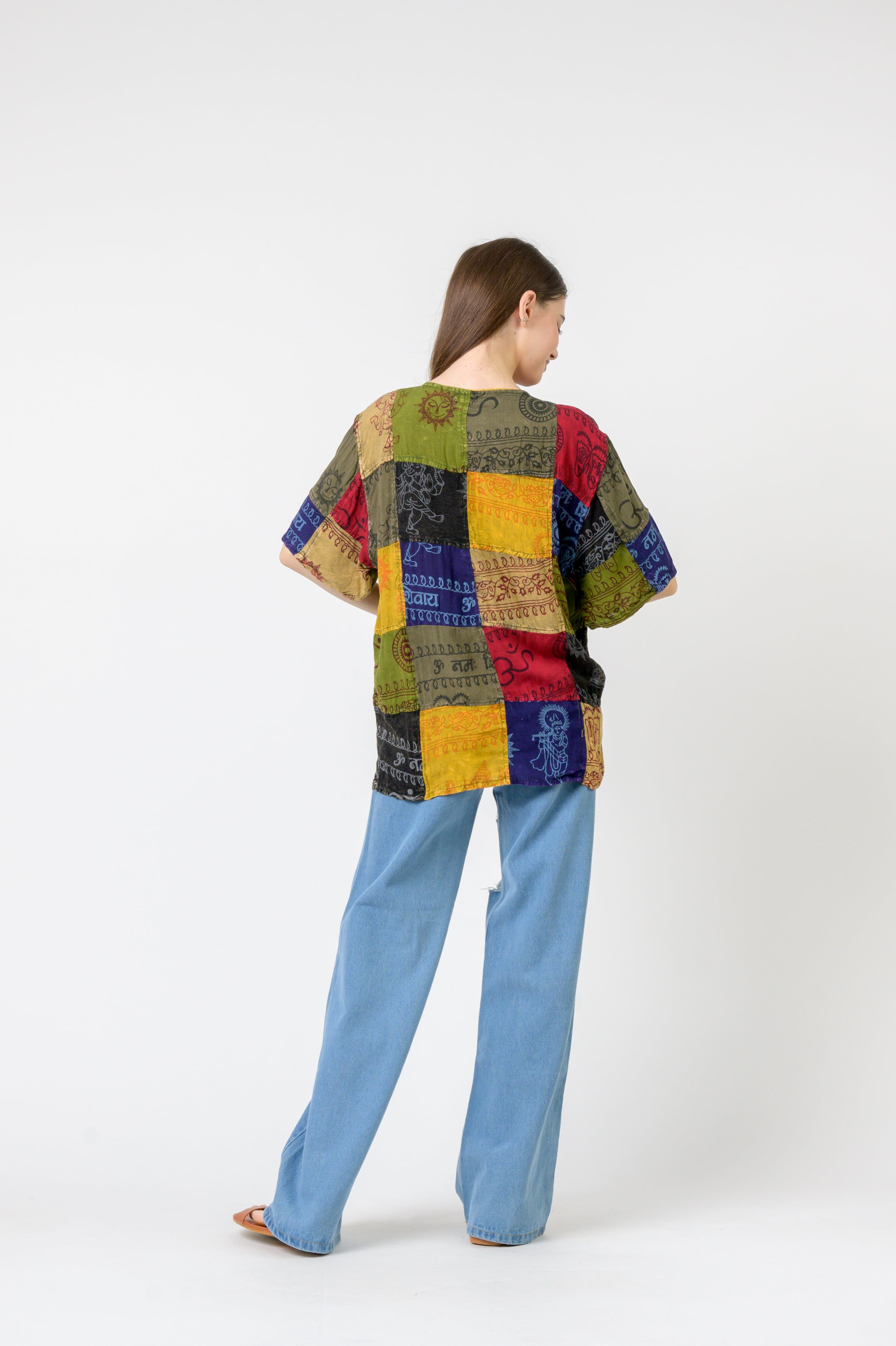 Om Print Pied Patch Short Sleeve Top