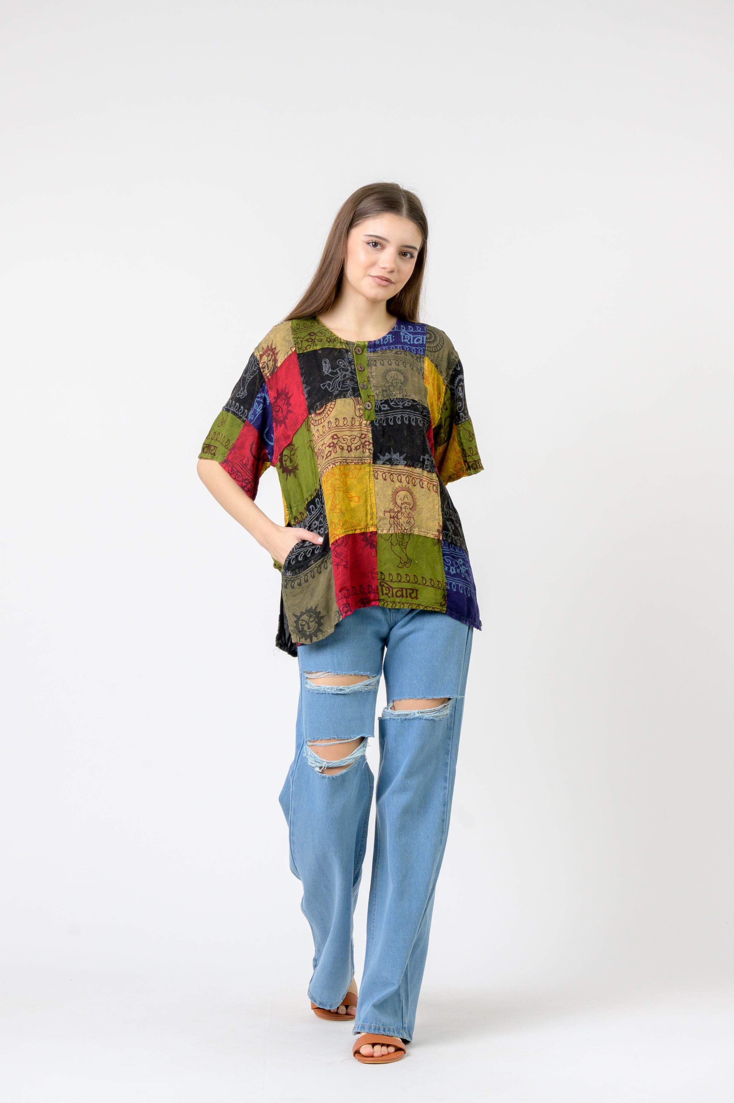 Om Print Pied Patch Short Sleeve Top
