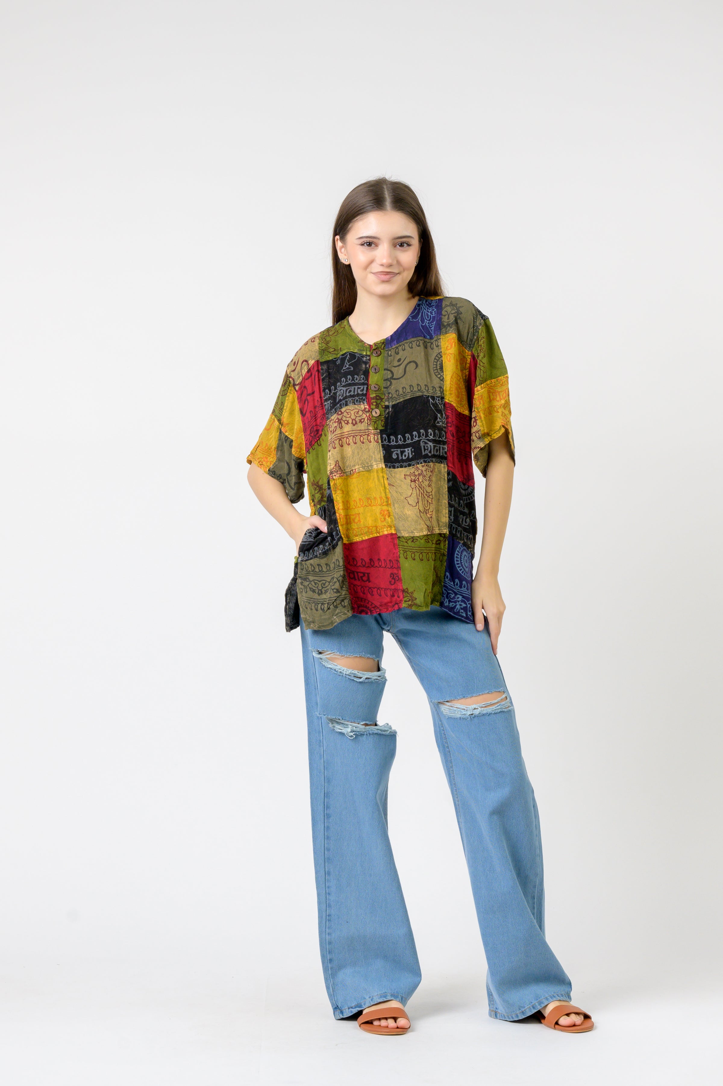 Om Print Pied Patch Short Sleeve Top