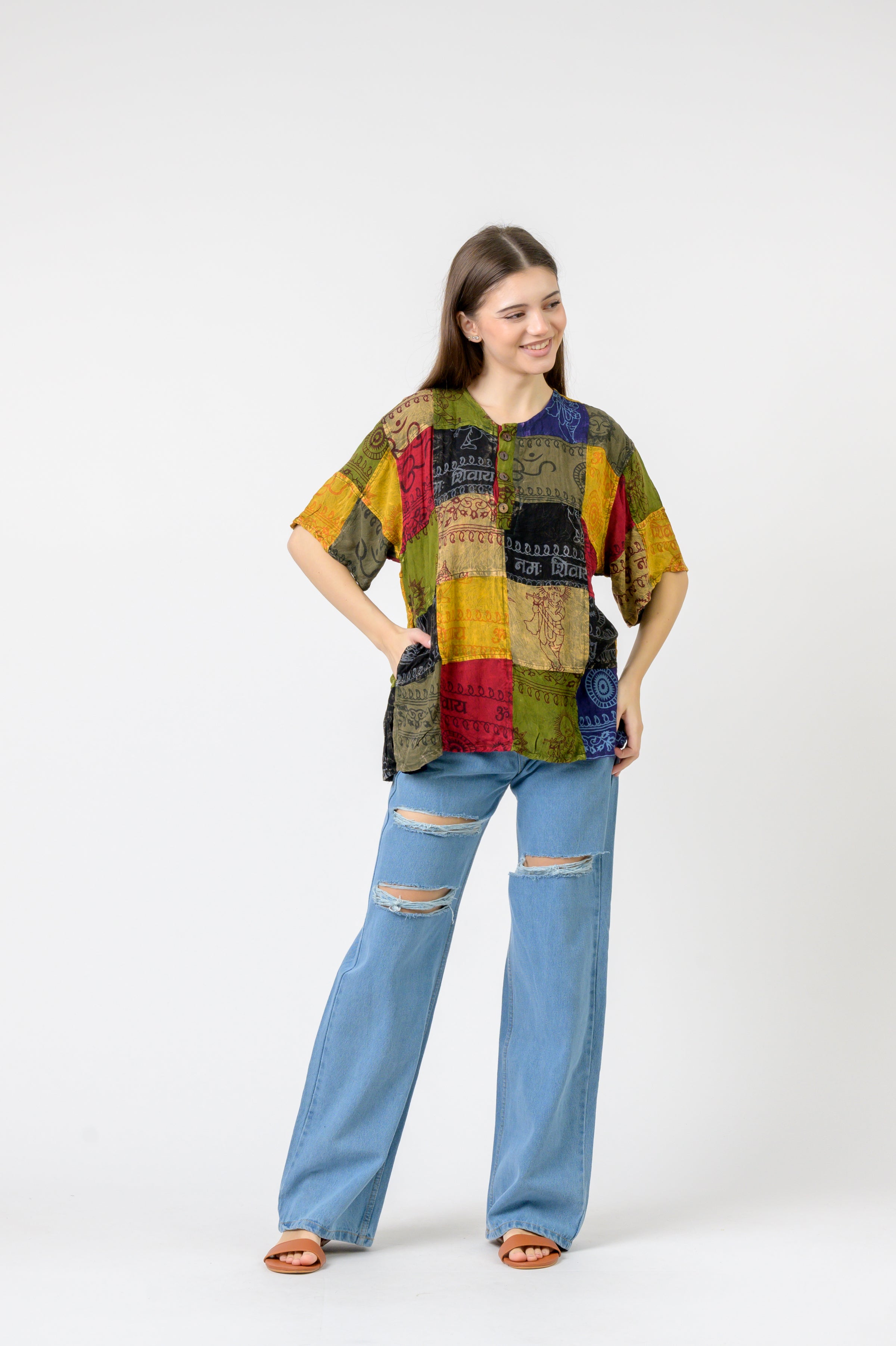 Om Print Pied Patch Short Sleeve Top