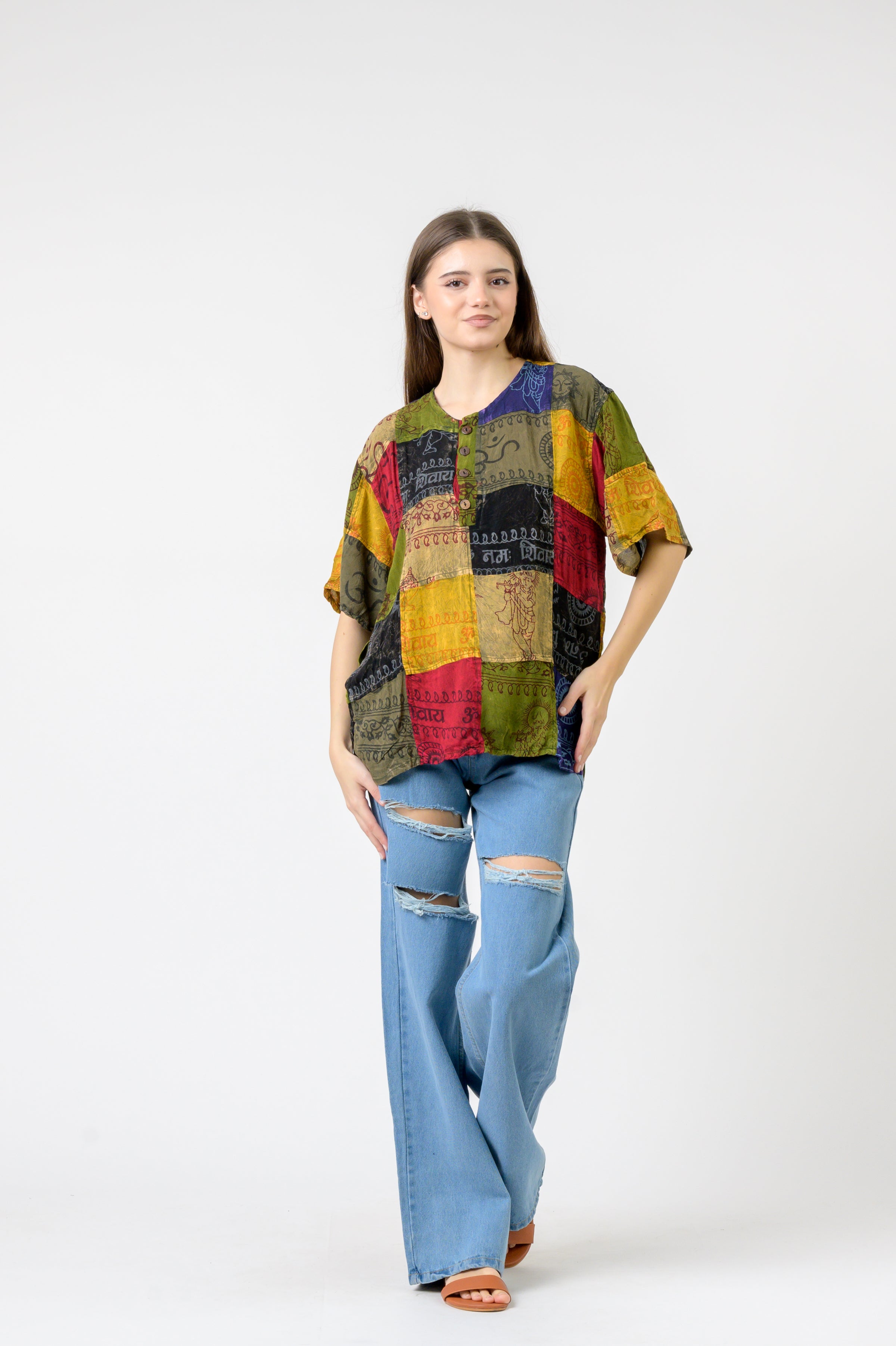 Om Print Pied Patch Short Sleeve Top