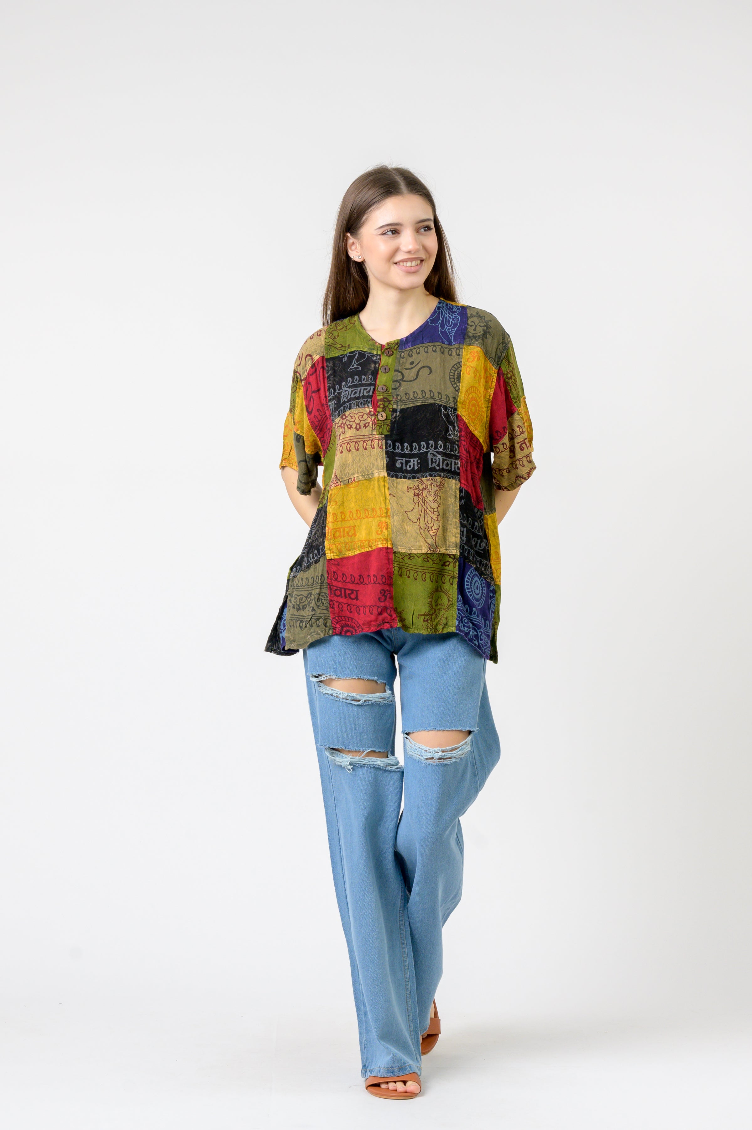 Om Print Pied Patch Short Sleeve Top