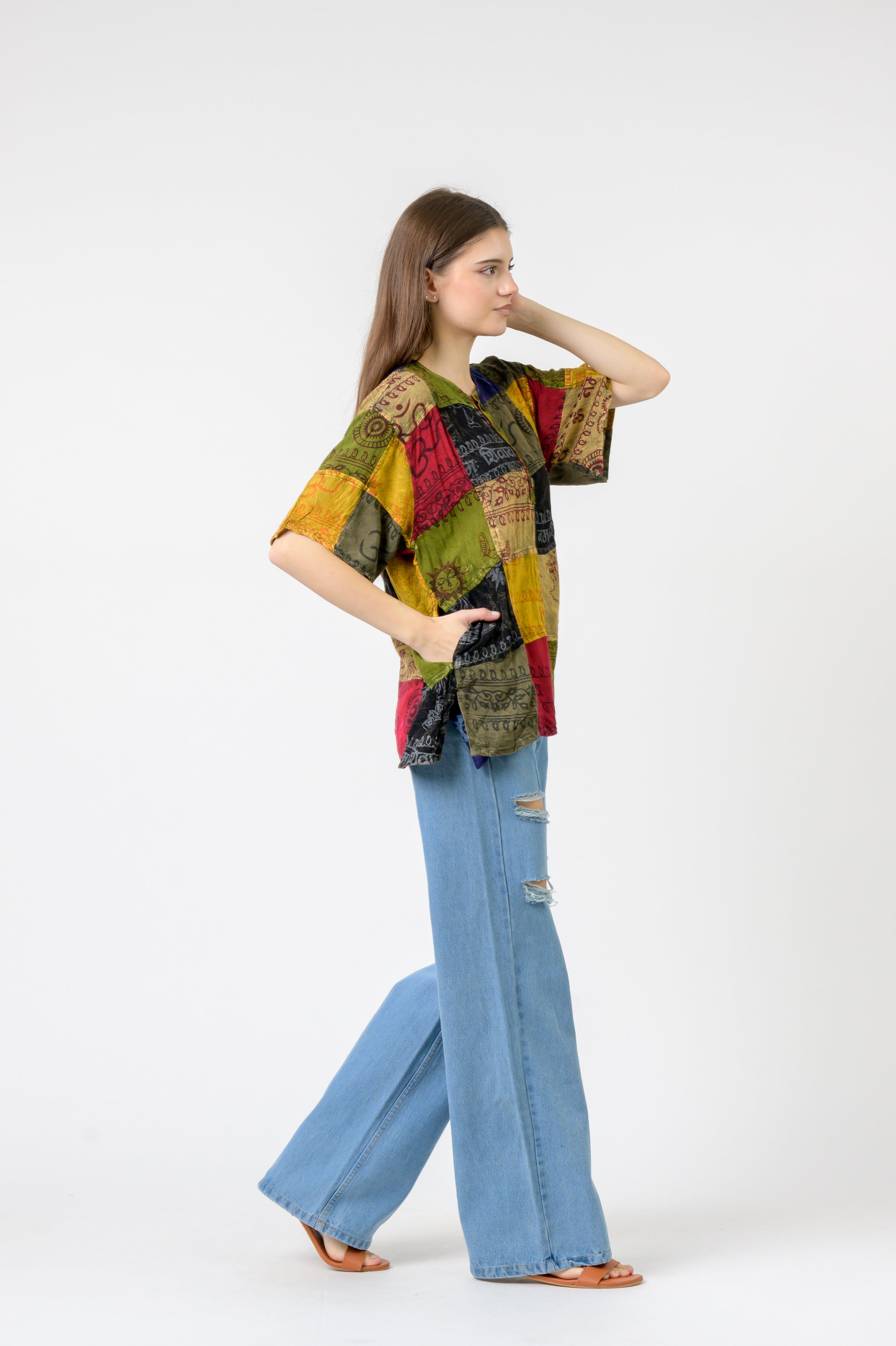 Om Print Pied Patch Short Sleeve Top