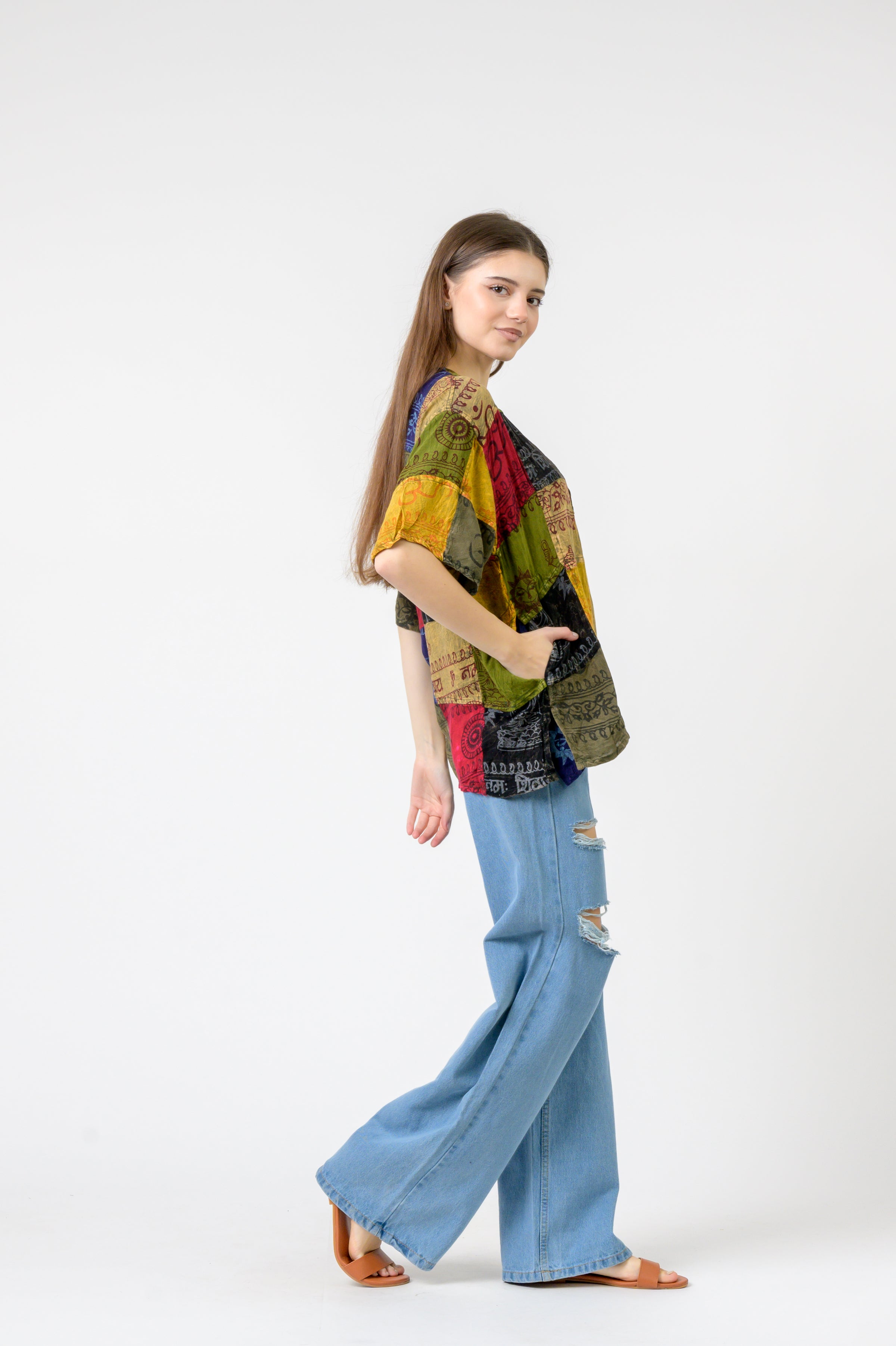 Om Print Pied Patch Short Sleeve Top