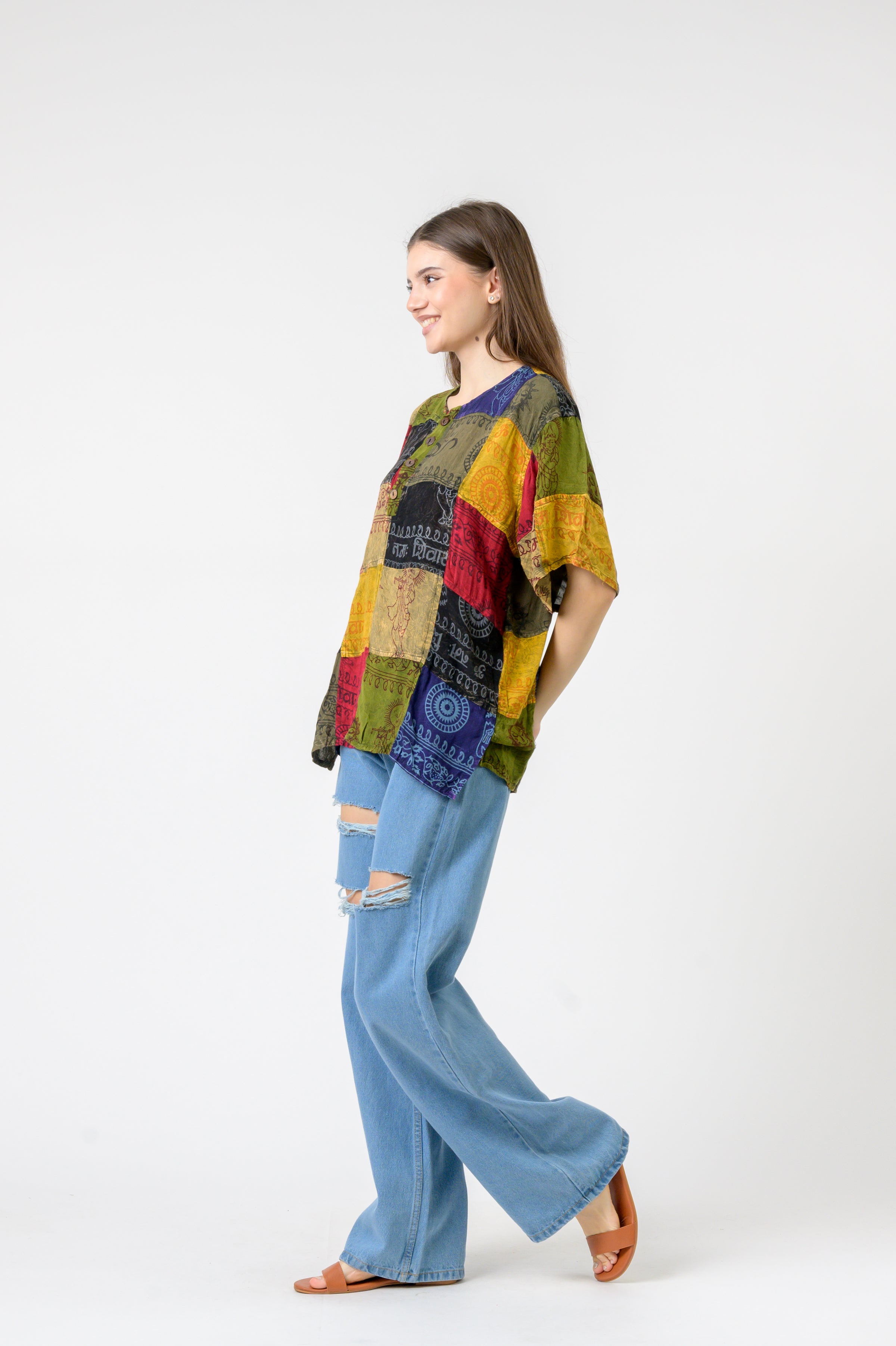 Om Print Pied Patch Short Sleeve Top