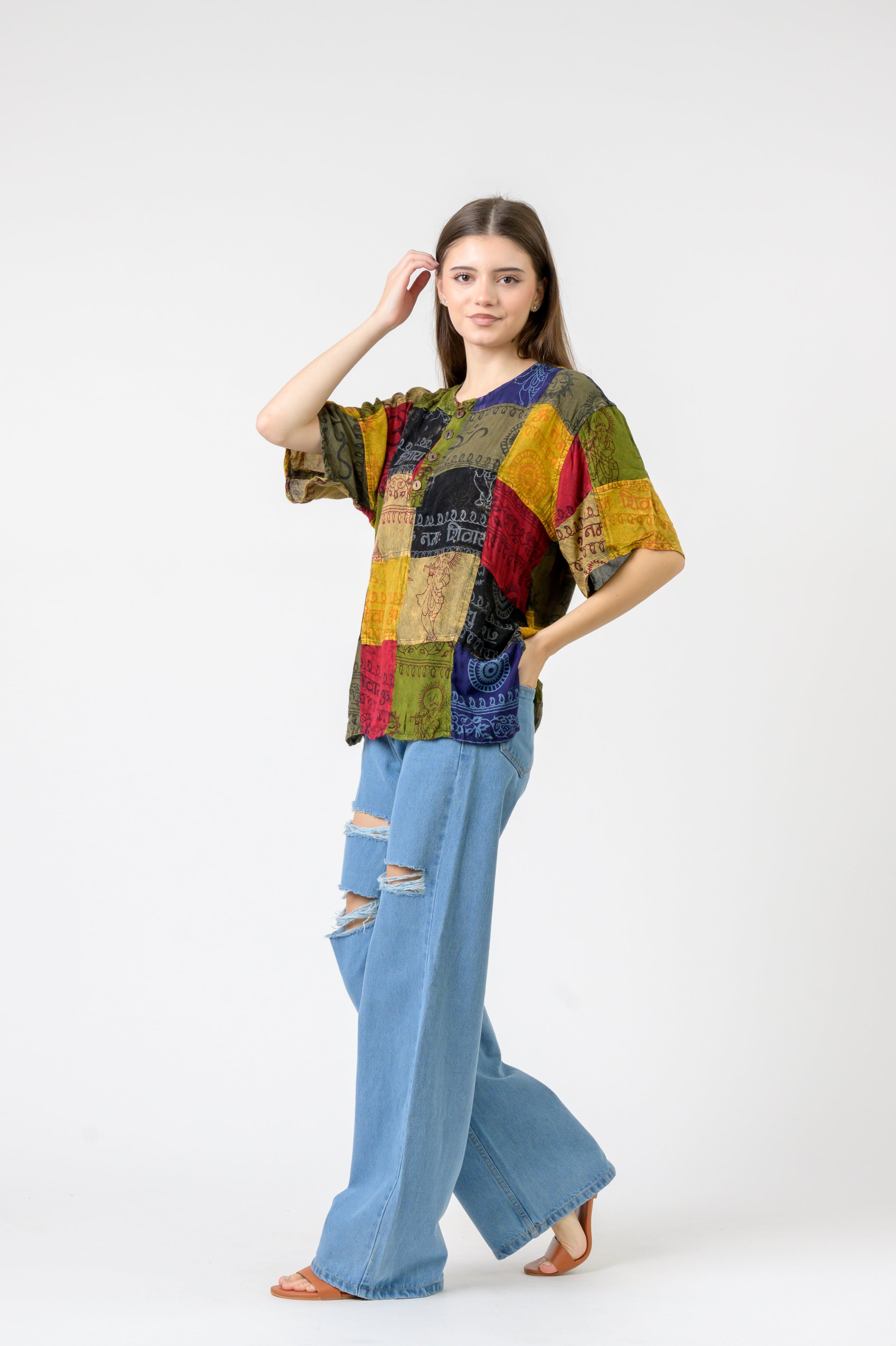 Om Print Pied Patch Short Sleeve Top