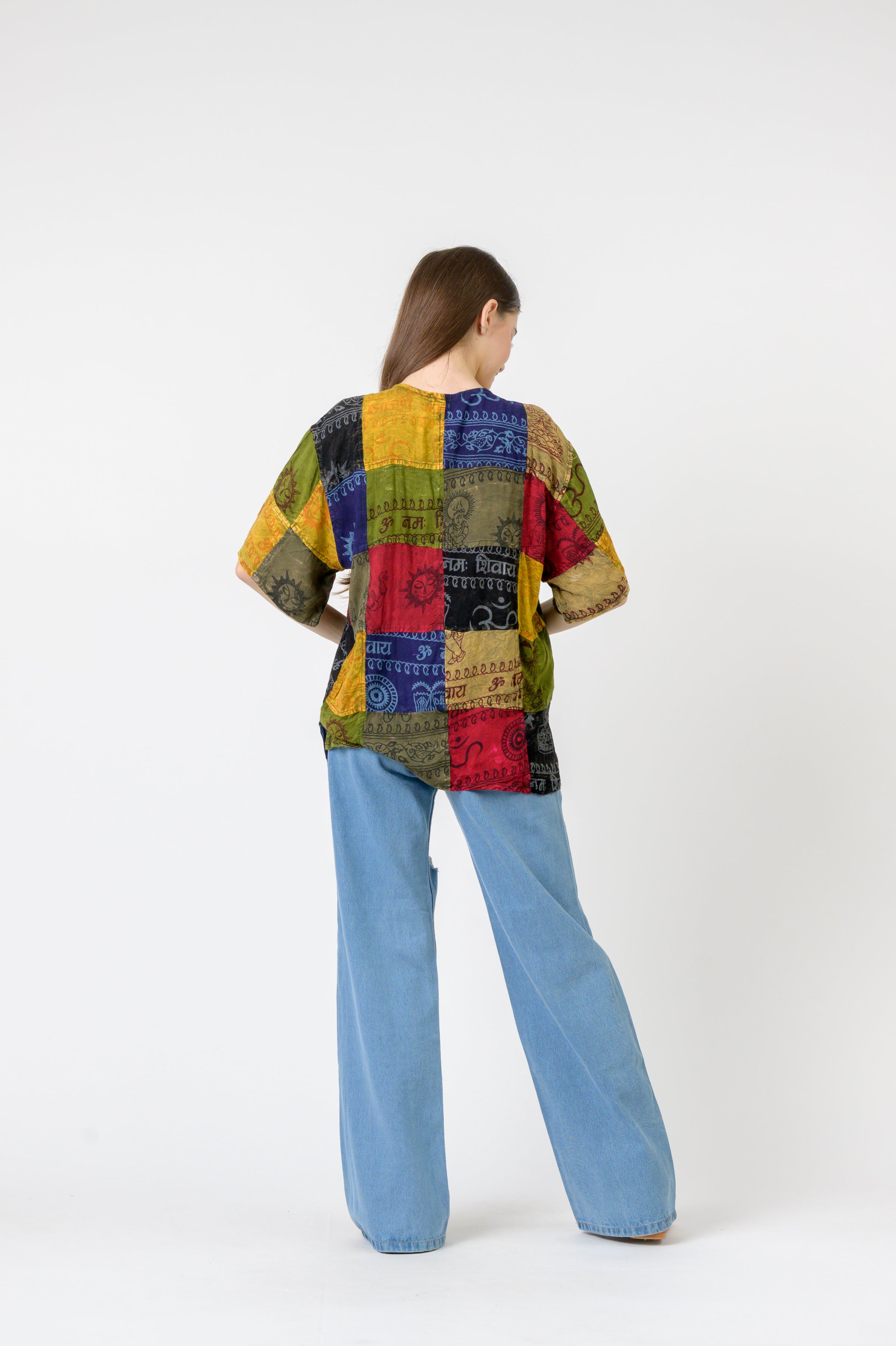 Om Print Pied Patch Short Sleeve Top